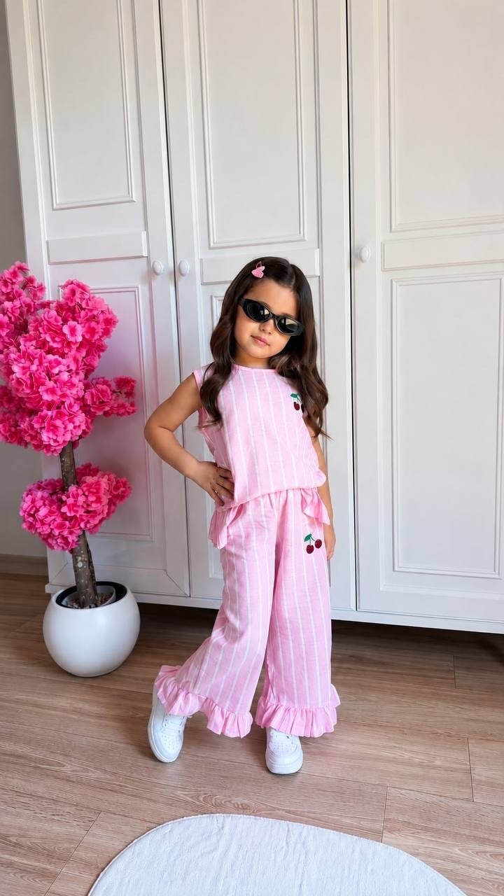 Kirazlı Çizgili 2'li Takım - Pembe
