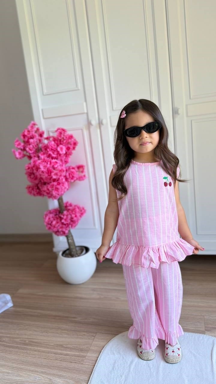 Kirazlı Çizgili 2'li Takım - Pembe