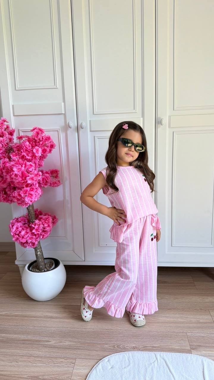 Kirazlı Çizgili 2'li Takım - Pembe