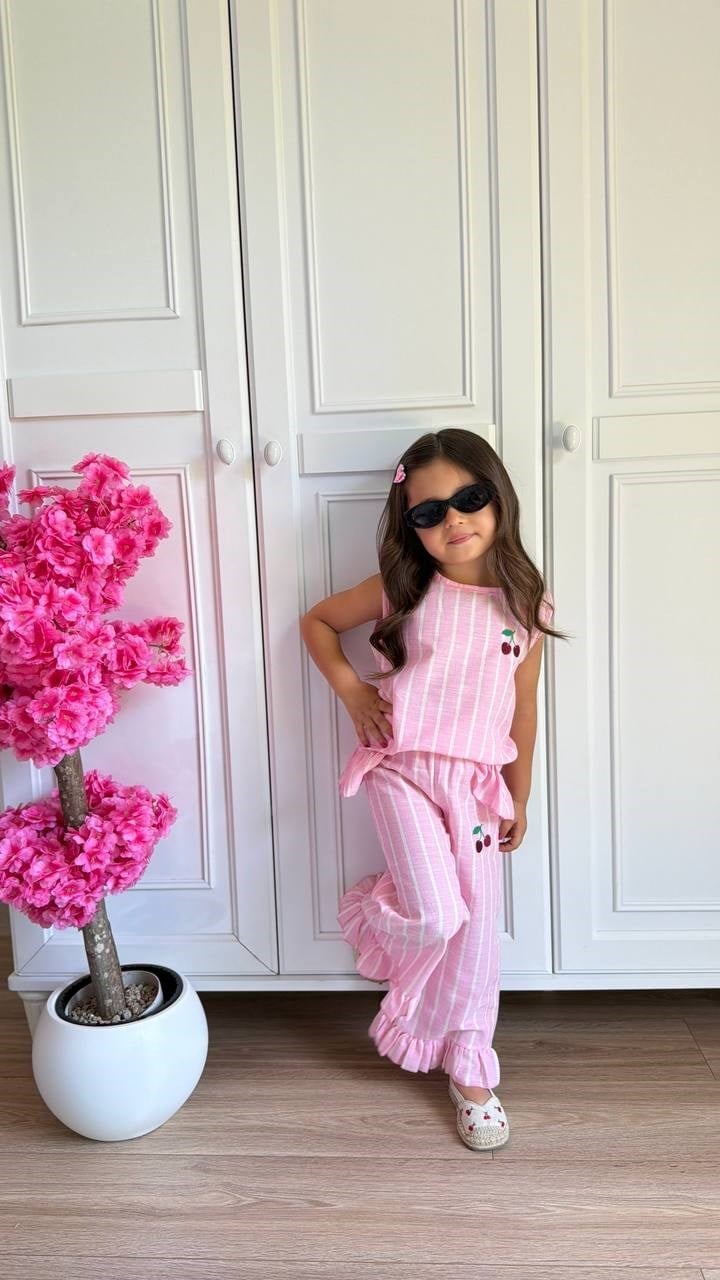 Kirazlı Çizgili 2'li Takım - Pembe