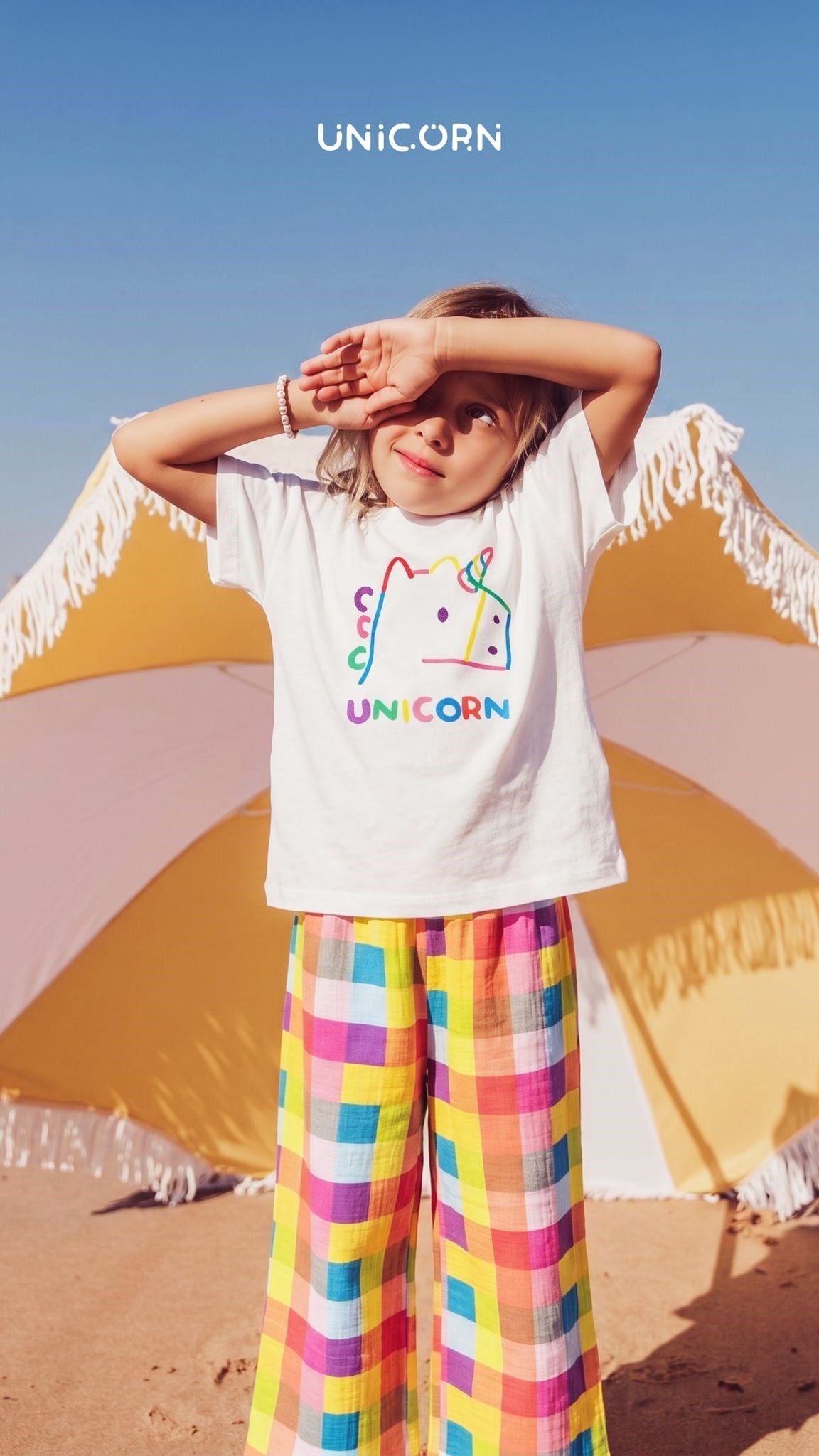 Kız Çocuk Unicorn Çizgili Bol Paça Muslin İkili Takım - Renkli