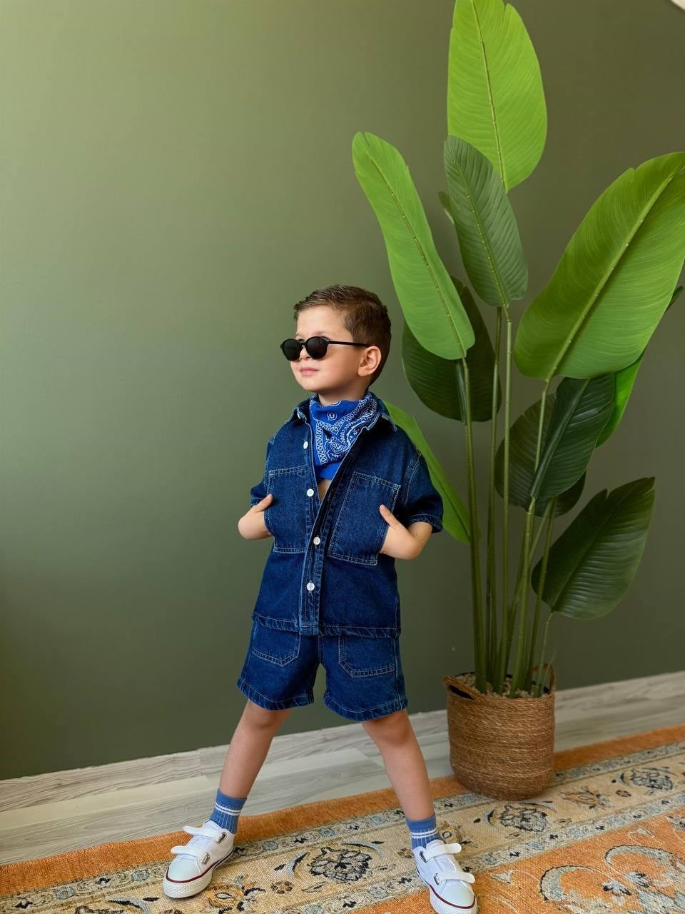 Kot Gömlekli Denim Şortlu Takım - Lacivert