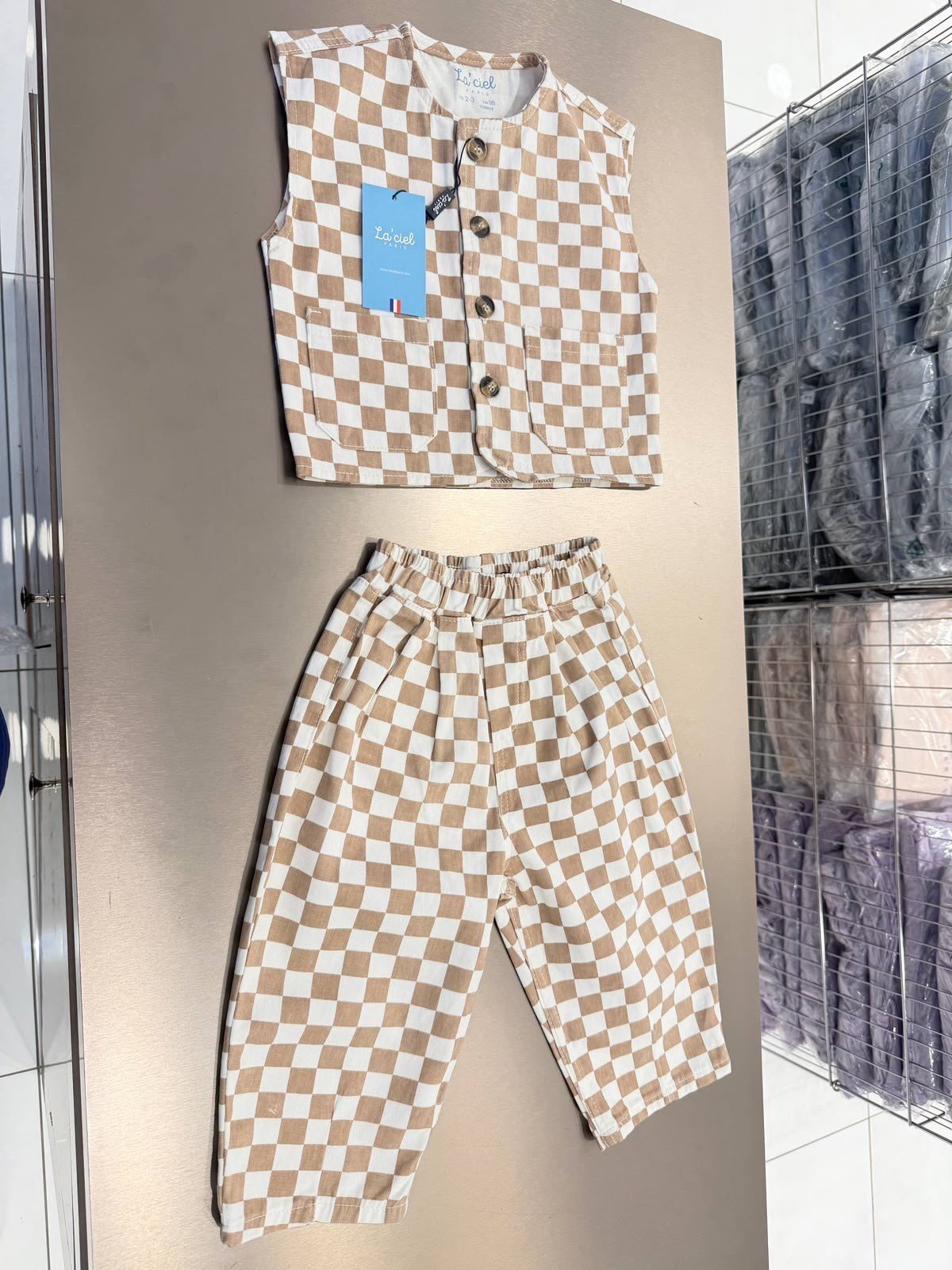 La'ciel Paris Damalı Unisex Yelek - Krem