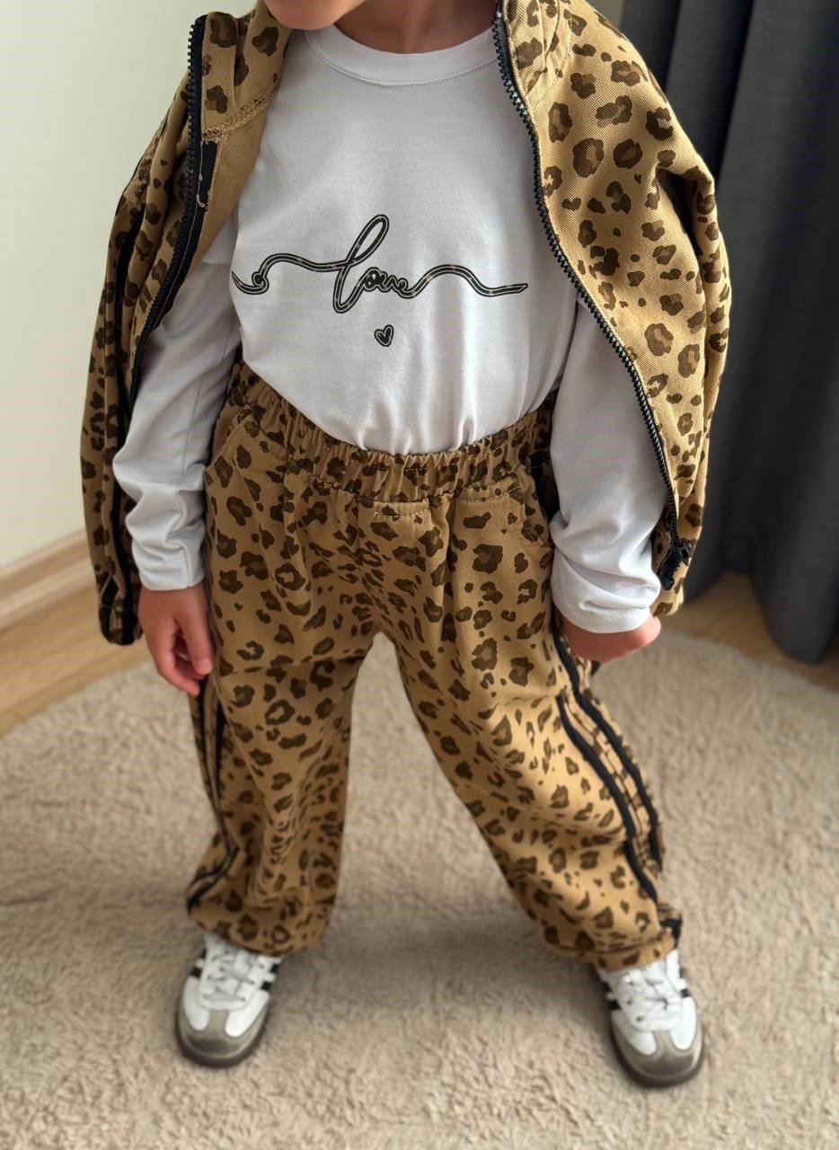 Leoparlı Fermuarlı Pantolonlu 3'lü Takım