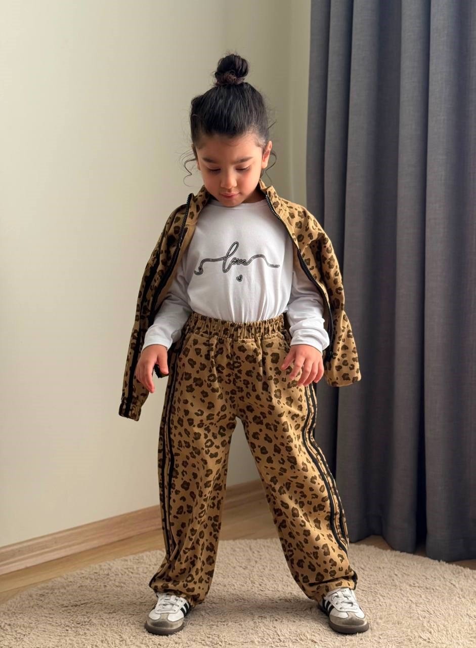 Leoparlı Fermuarlı Pantolonlu 3'lü Takım