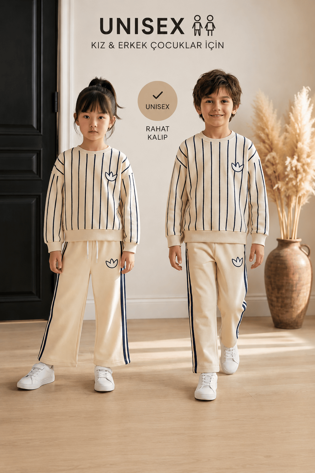 Logolu Çizgili Ekru Unisex Çocuk 2'li Takım
