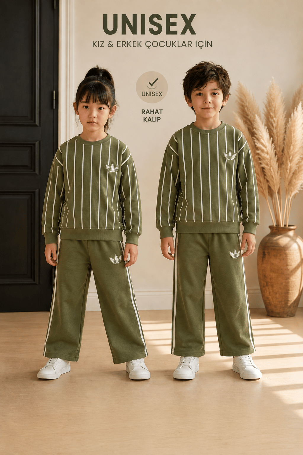 Logolu Çizgili Yeşil Unisex Çocuk 2'li Takım