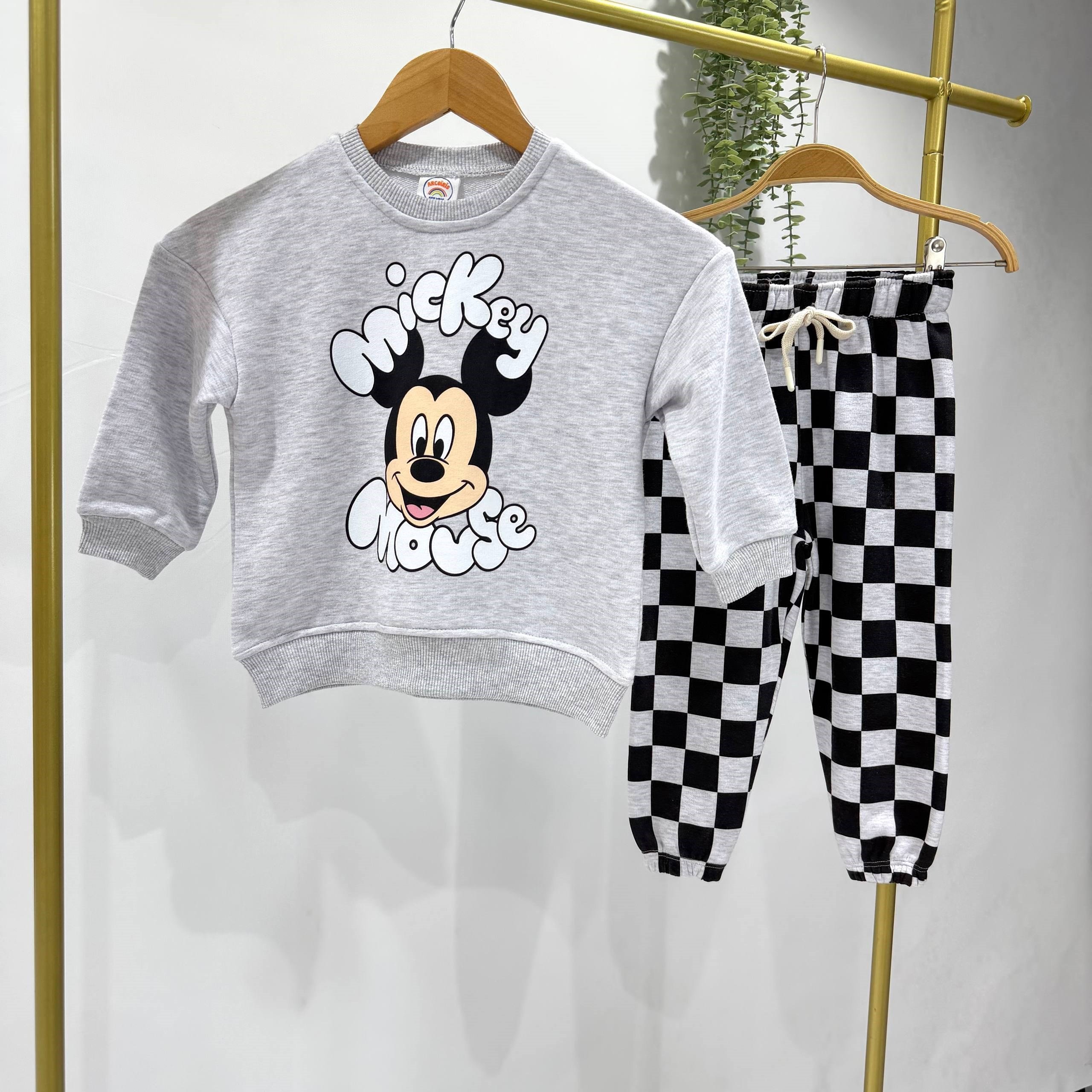 Mickey Mouse Damalı Unisex Eşofmanlı Takım - Krem
