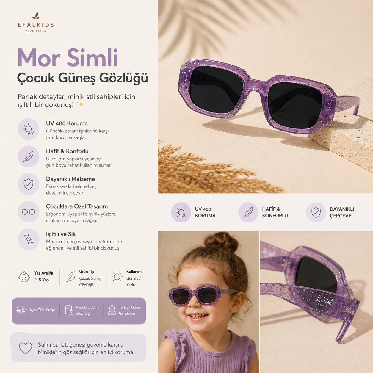 Mor Simli Çocuk Güneş Gözlük