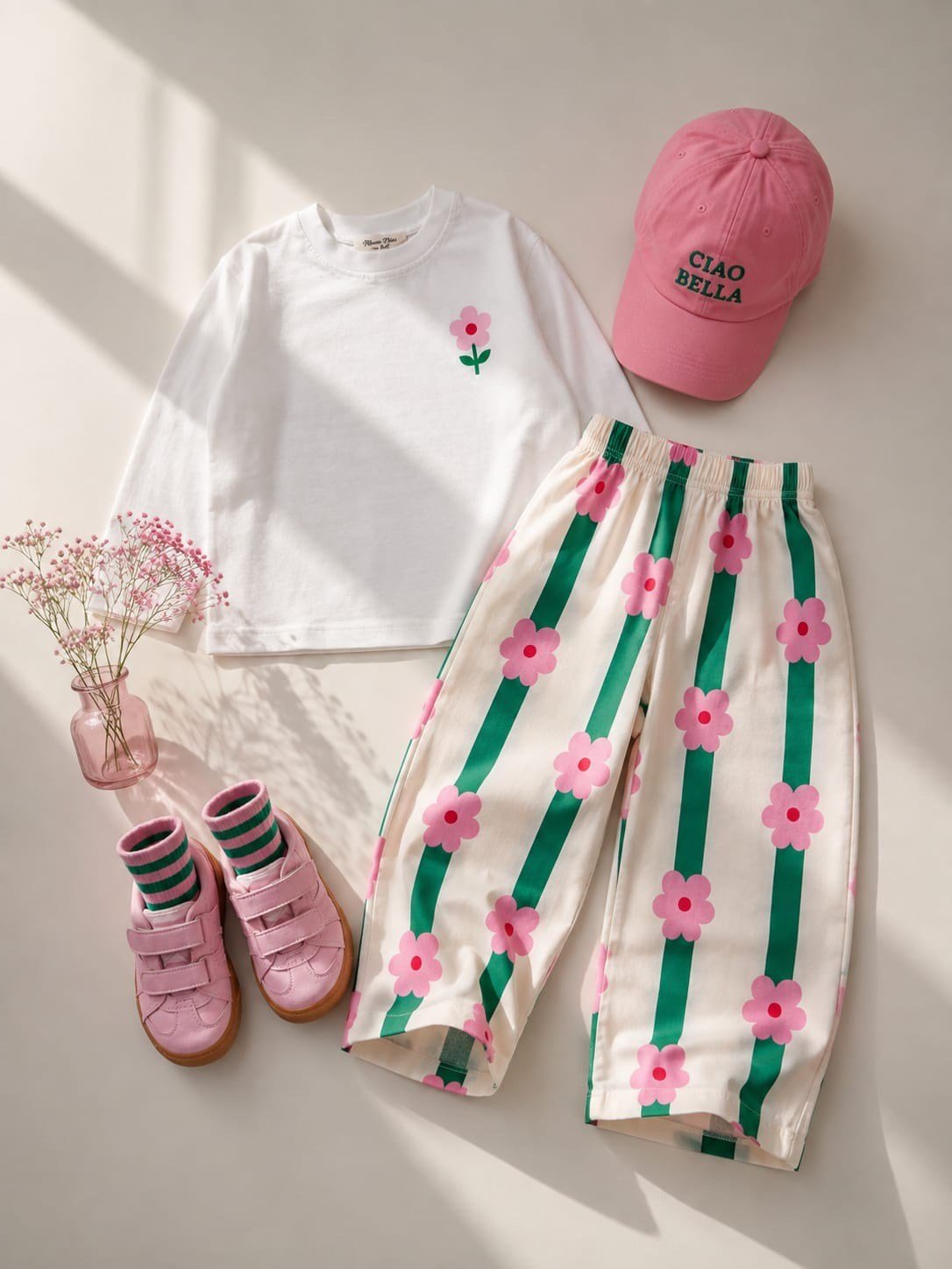 Pembe Çiçekli Kız Çocuk Pantolon Takım