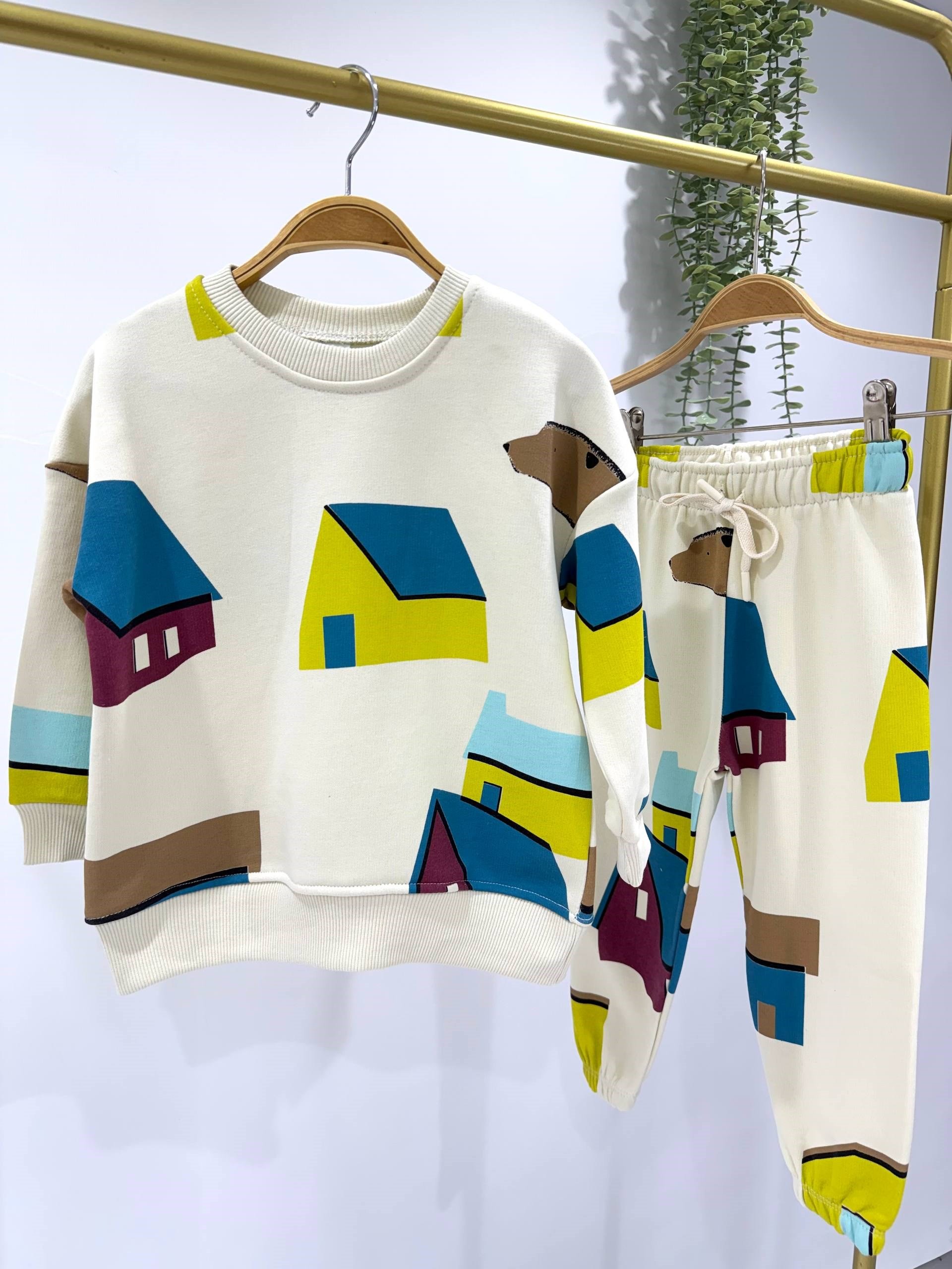 Tasarım Ev Baskılı  Unisex Eşofmanlı Takım - Ekru