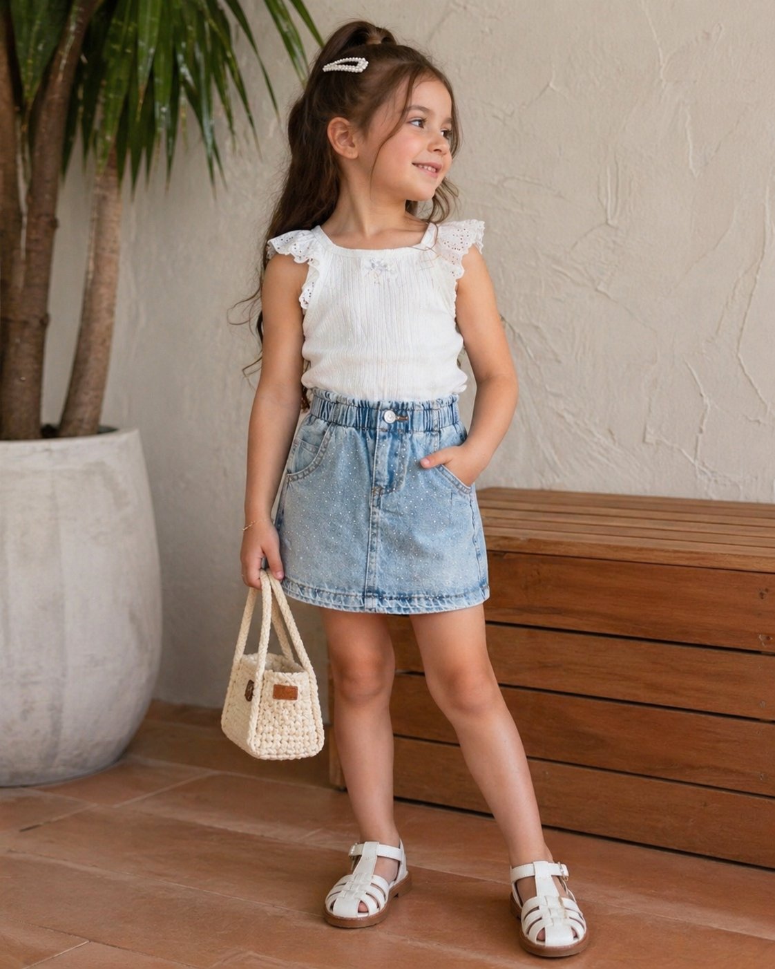 Taşlı Denim Kız Çocuk Etek - Mavi