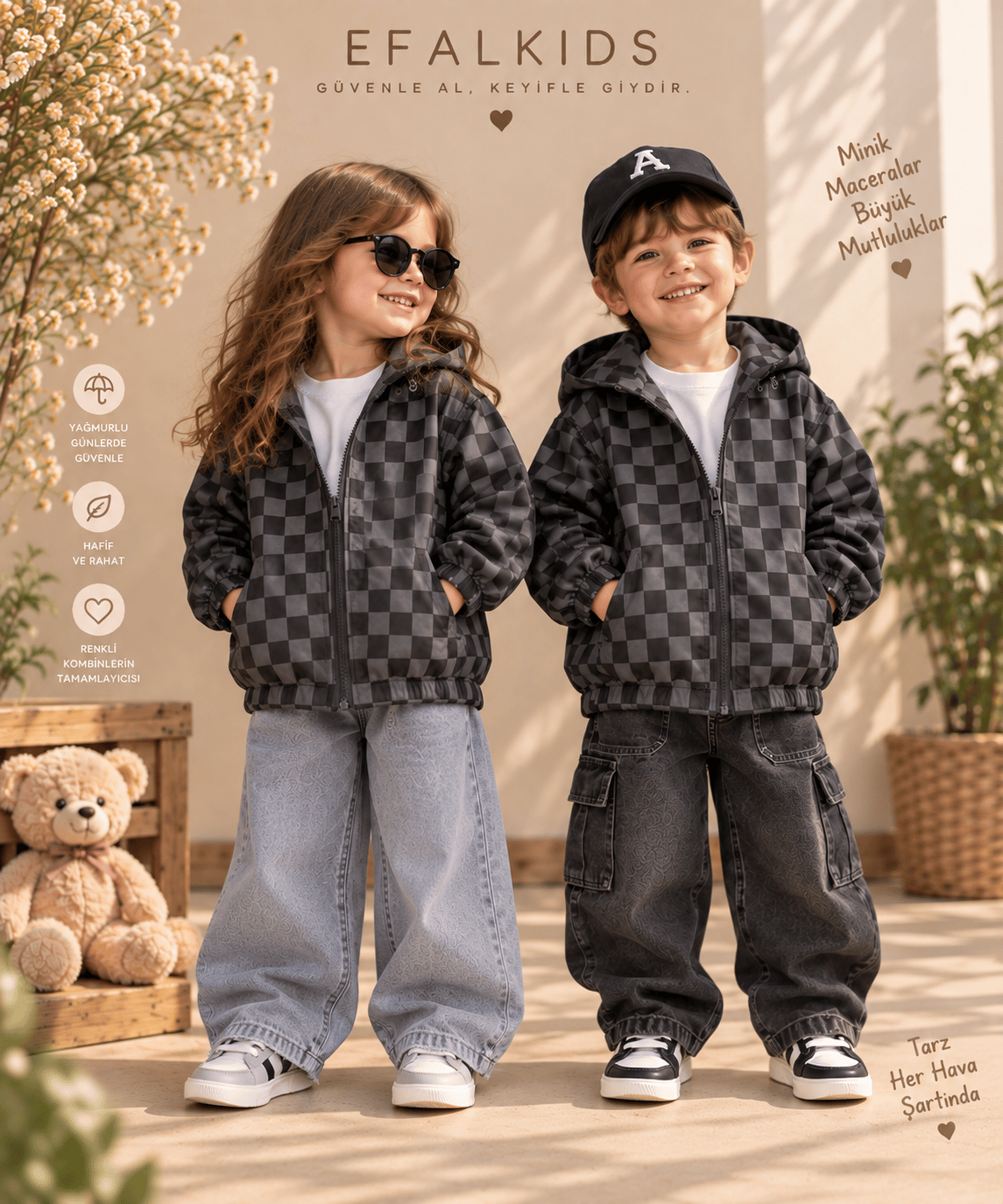 Unisex Antrasit Kapüşonlu Damalı Yağmurluk