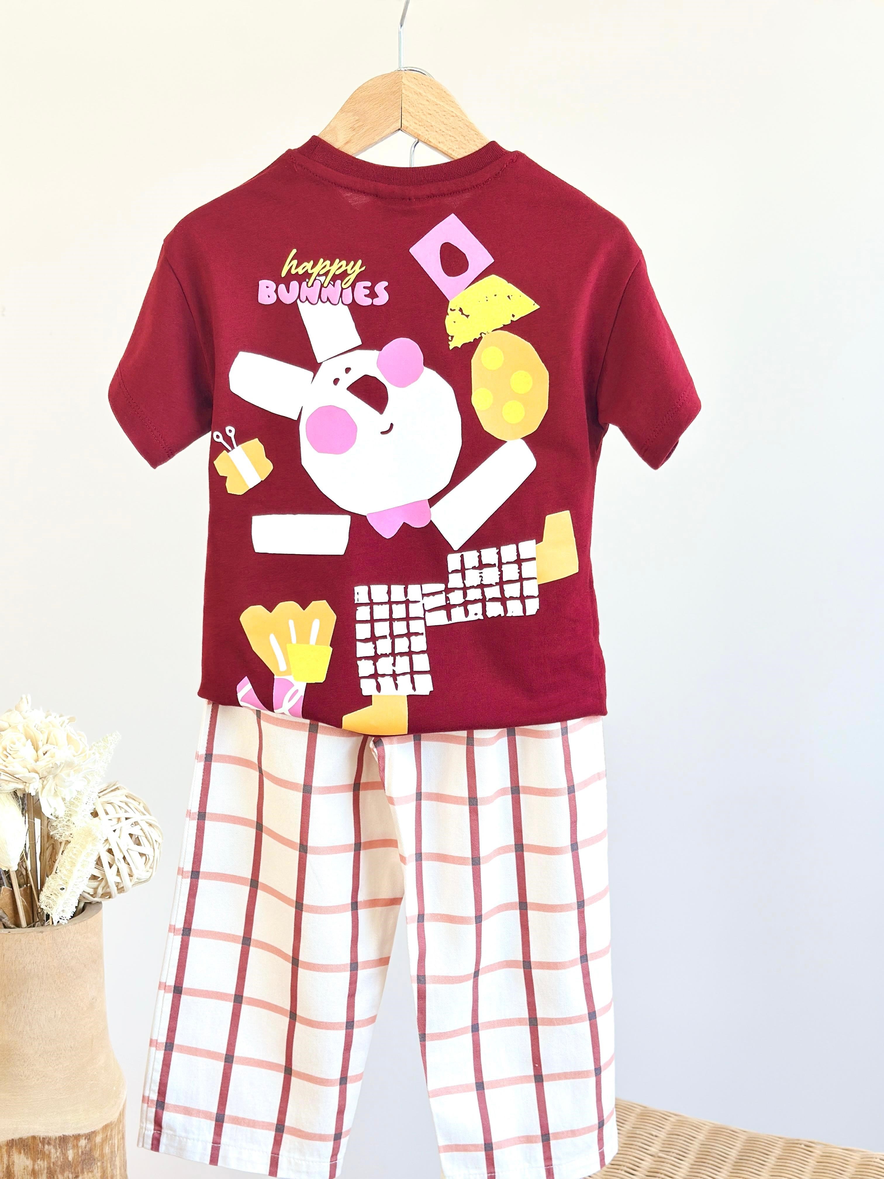 Unisex Hapyy Baskılı Kareli Pantolonlu Takım - Bordo