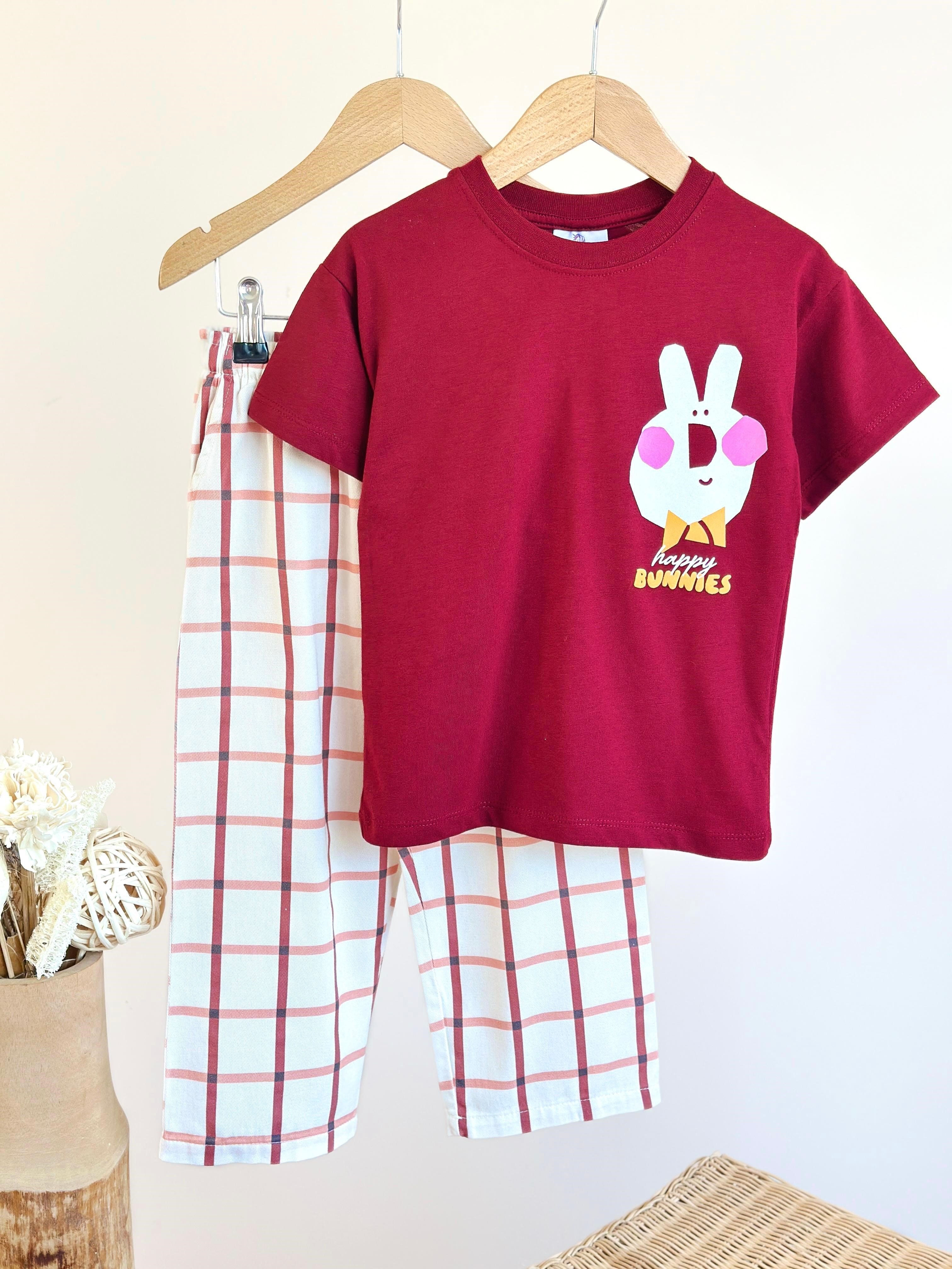 Unisex Hapyy Baskılı Kareli Pantolonlu Takım - Bordo