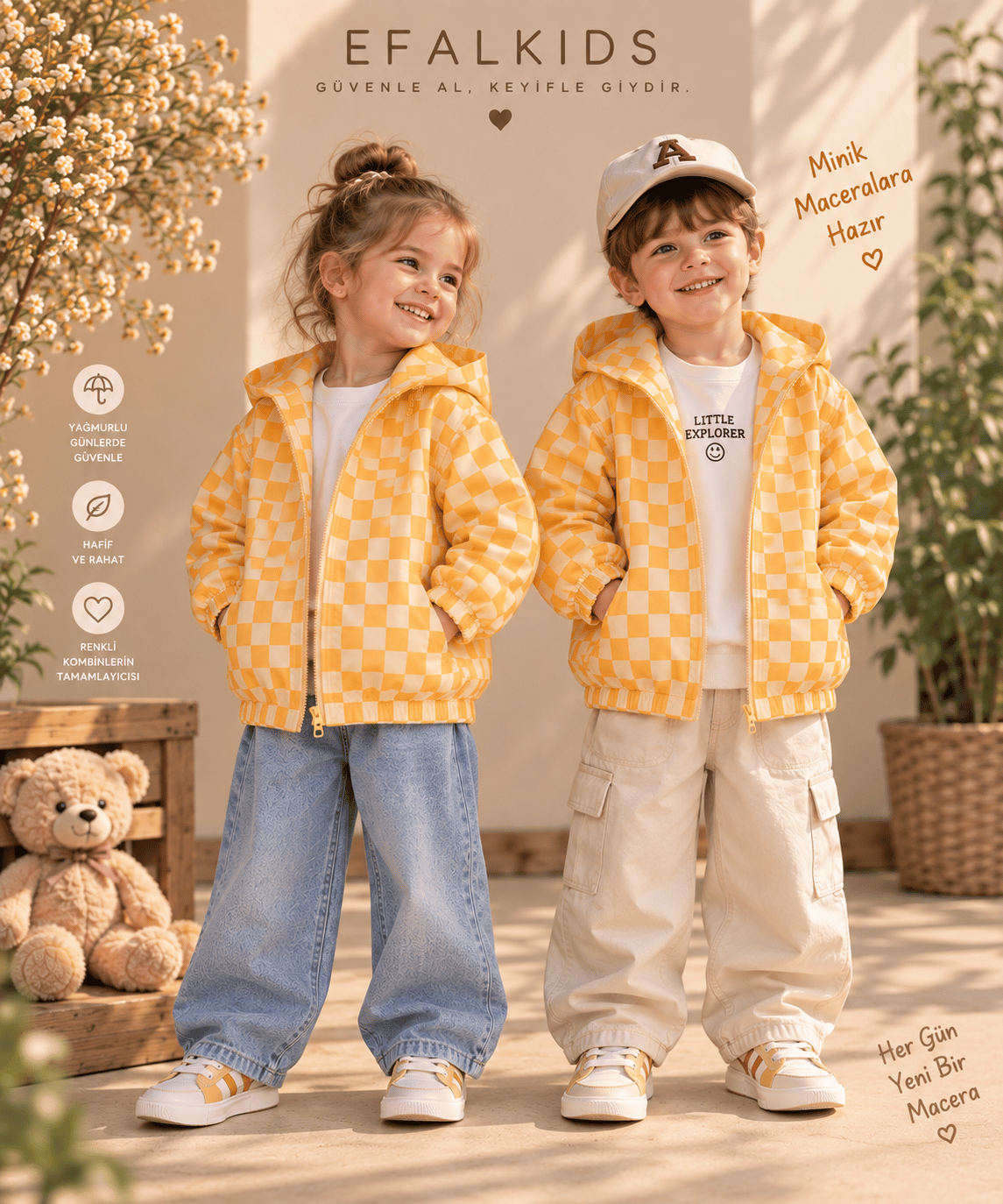 Unisex Sarı Kapüşonlu Damalı Yağmurluk