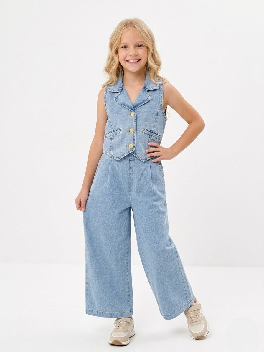 Yelekli Denim Battal Boy Takım - Mavi