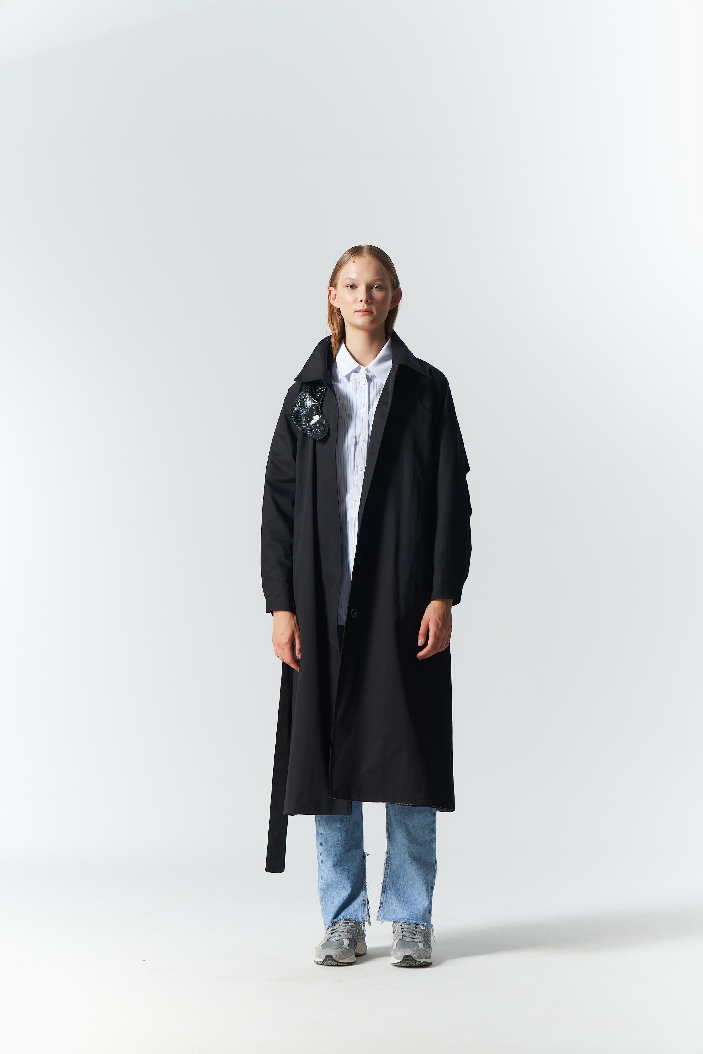 DERİ DETAY TRENCH COAT SİYAH