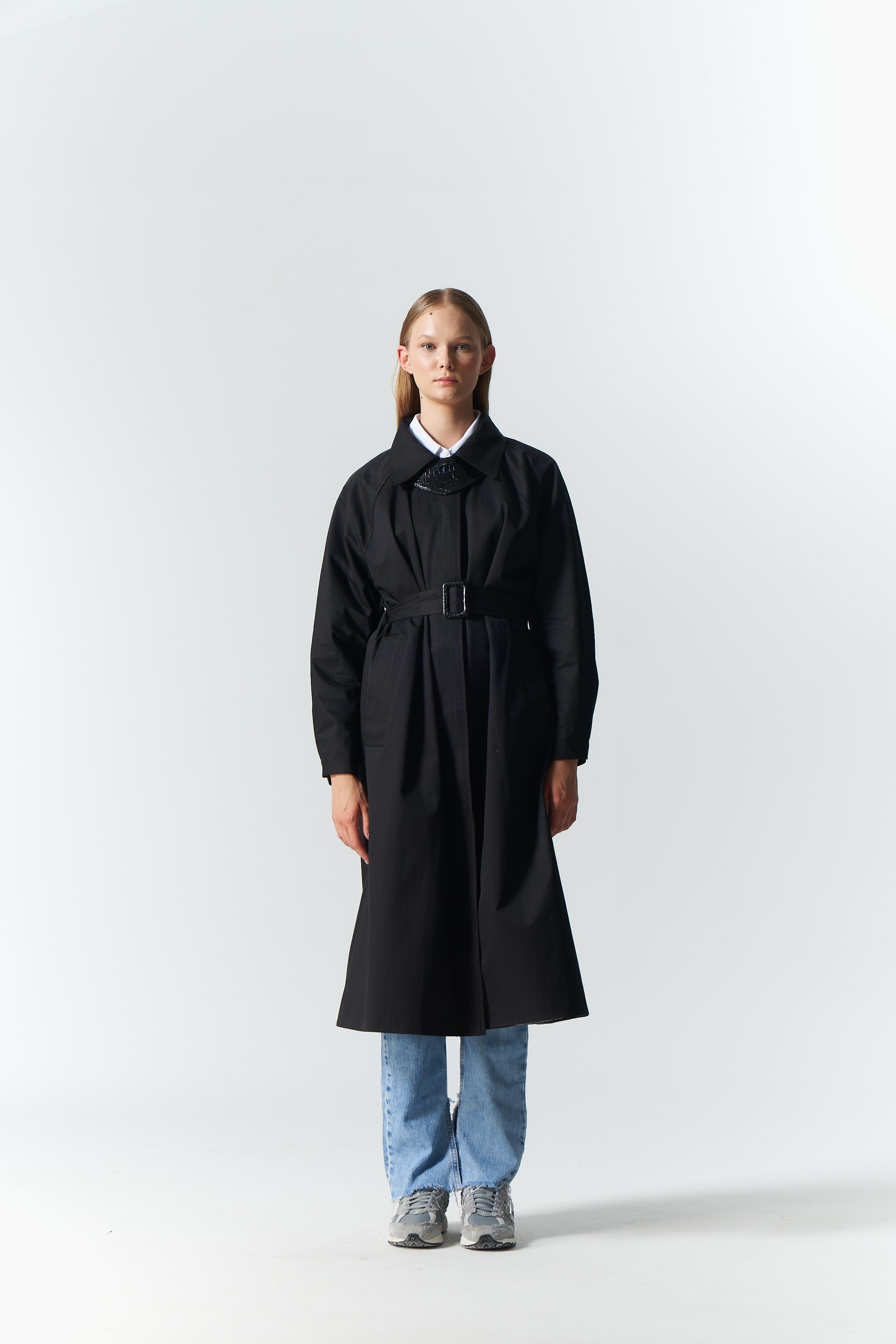 DERİ DETAY TRENCH COAT SİYAH