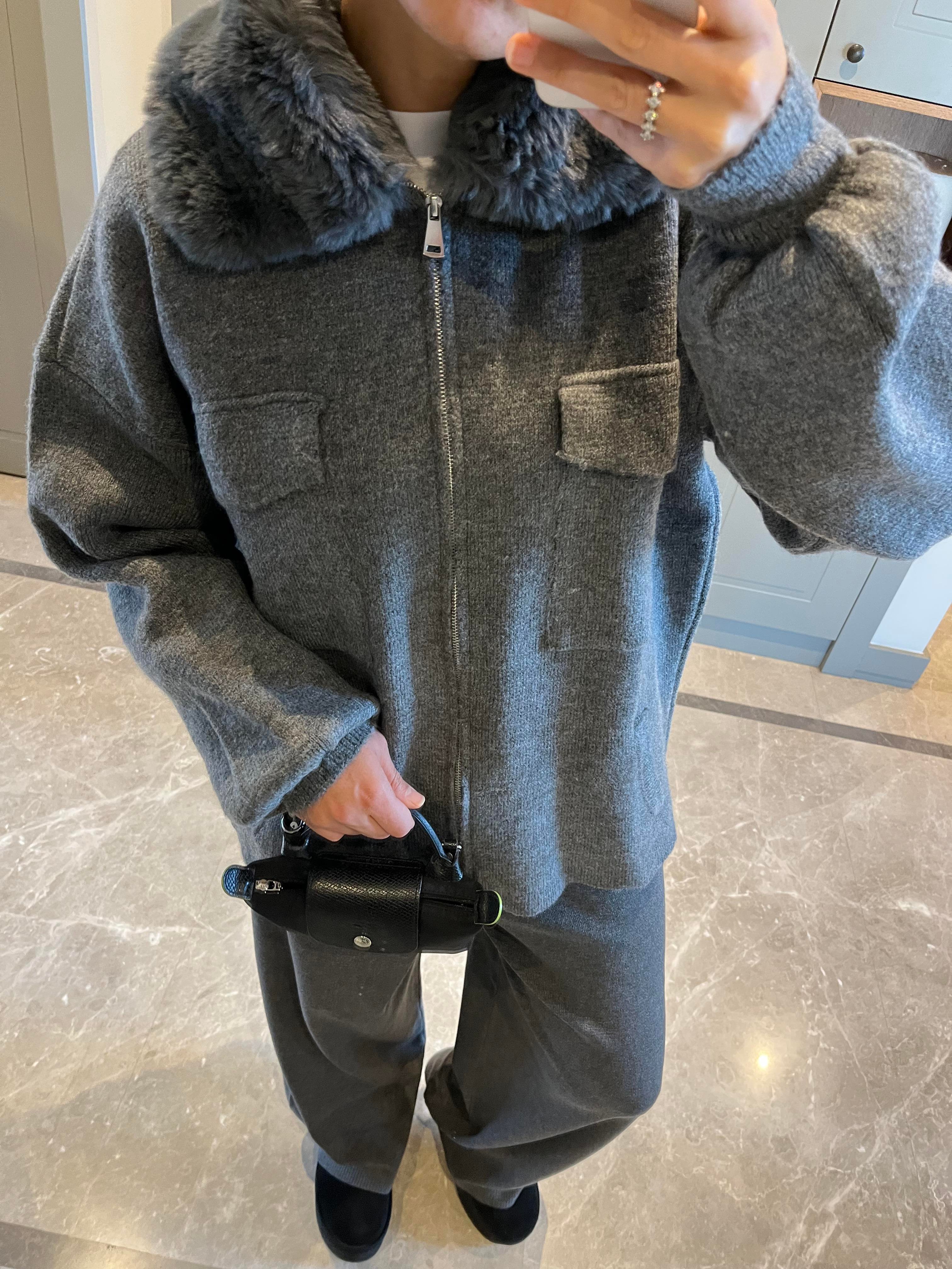 KÜRK YAKA  ANTRASİT TRİKO HIRKA