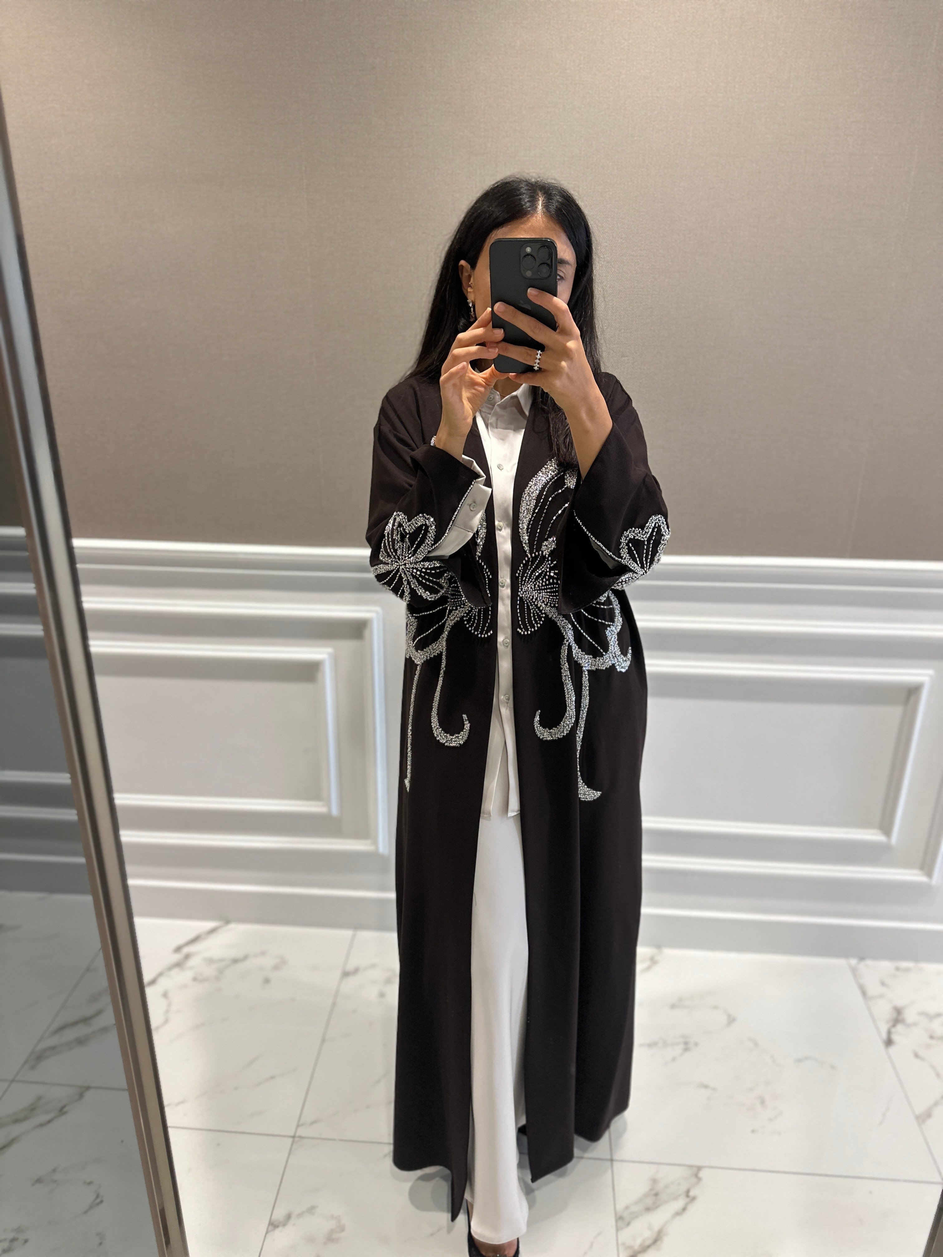 TAŞ İŞLEMELİ KAHVE ABAYA