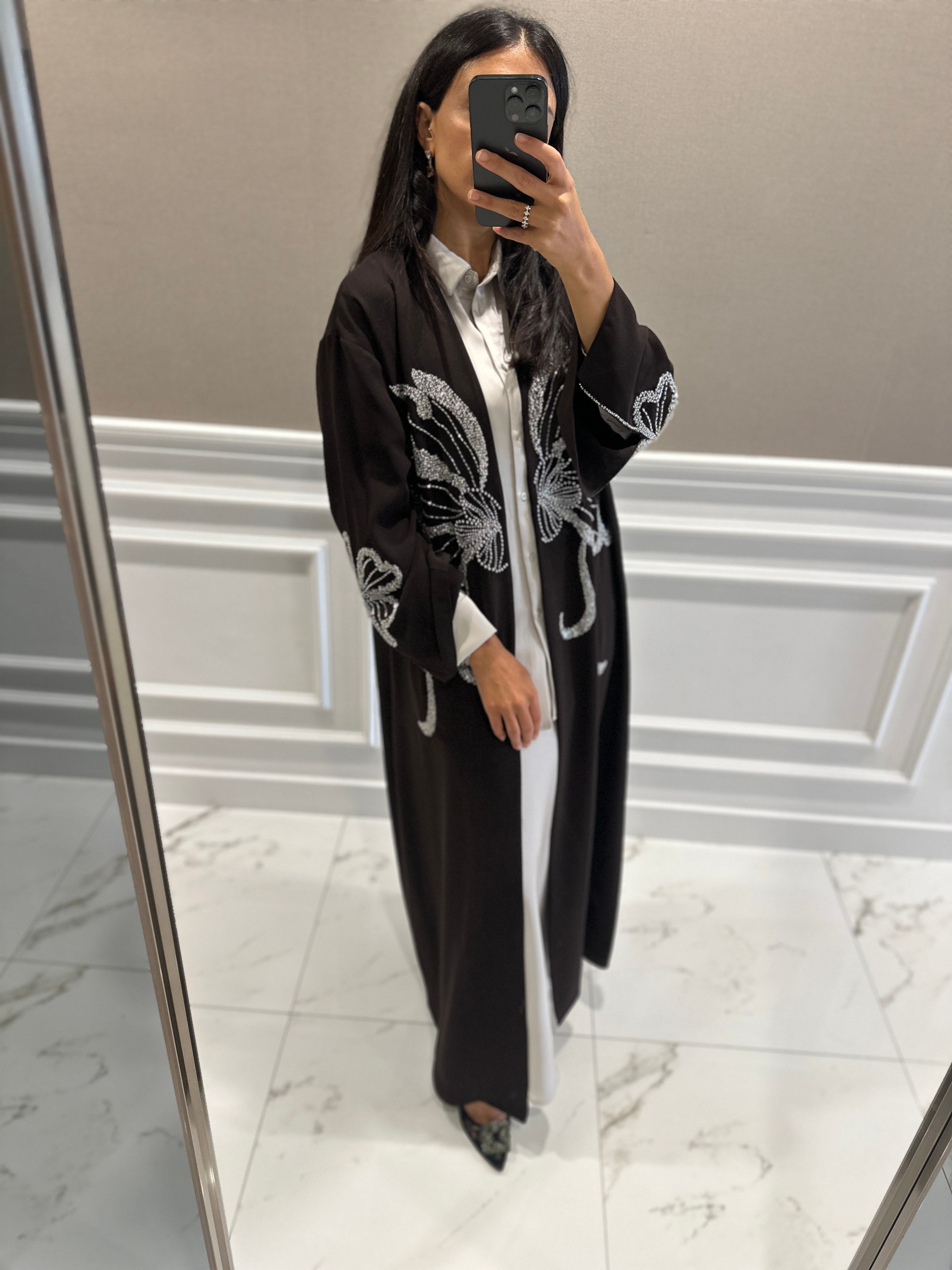 TAŞ İŞLEMELİ KAHVE ABAYA
