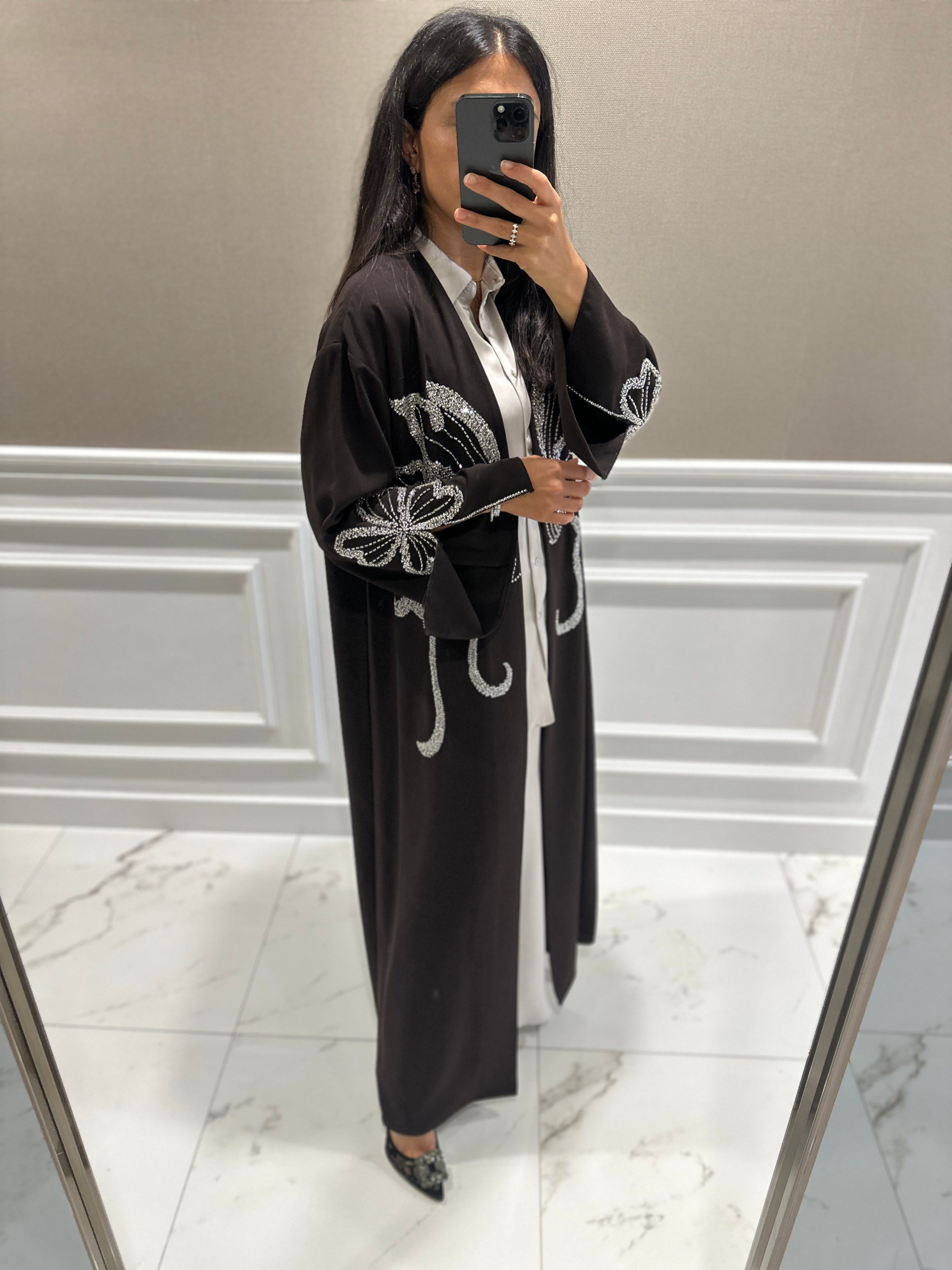 TAŞ İŞLEMELİ KAHVE ABAYA
