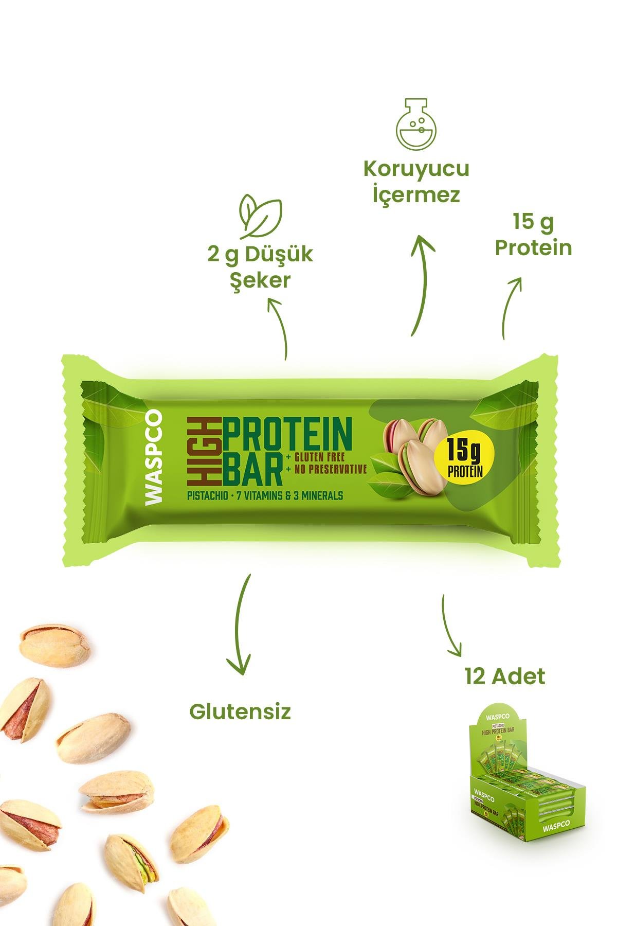 Antep Fıstıklı Yüksek Protein Bar 50g x 12 Adet