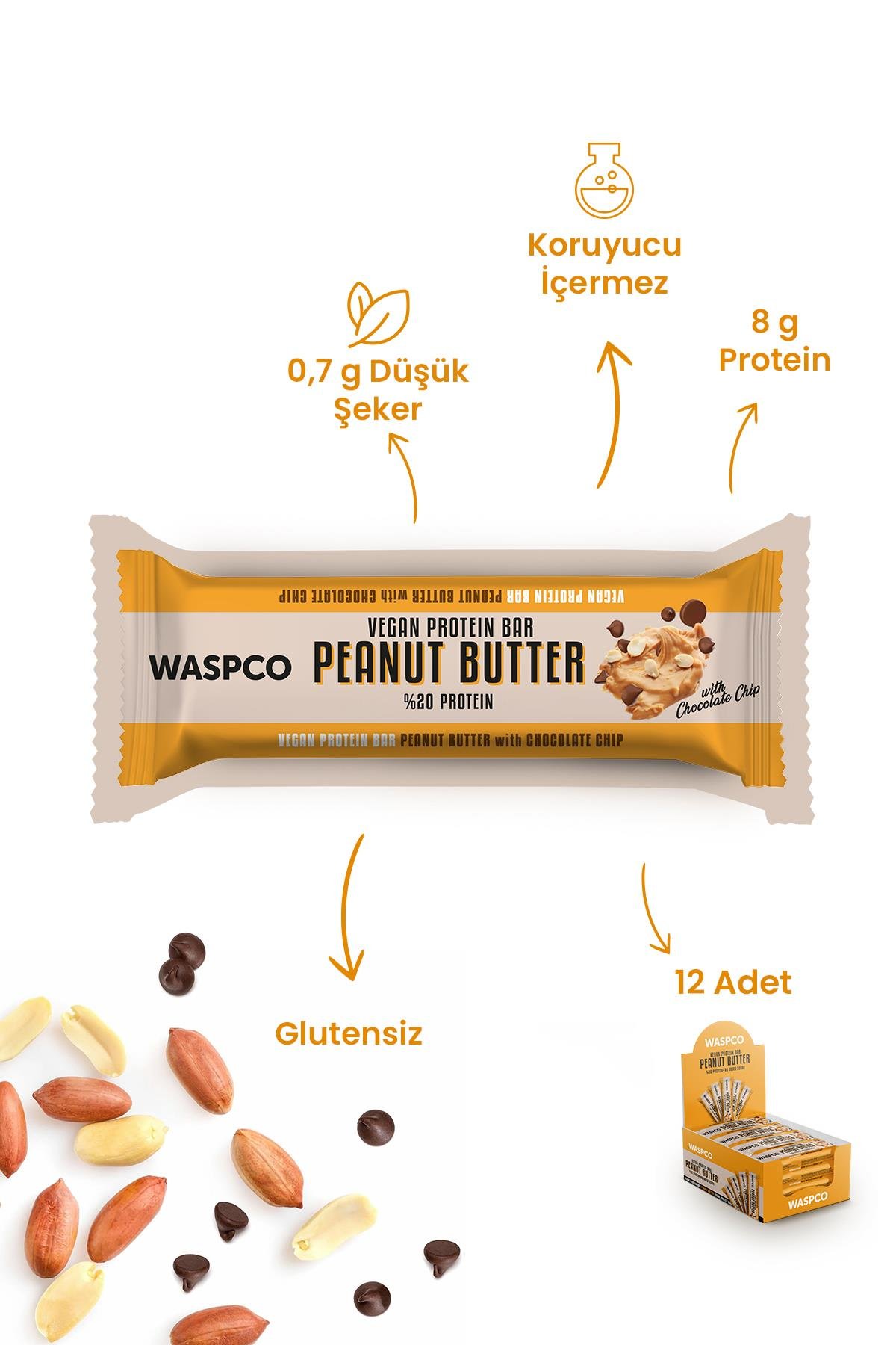Fıstık Ezmeli Çikolata Parçalı Vegan Protein Bar 40g x 12 Adet