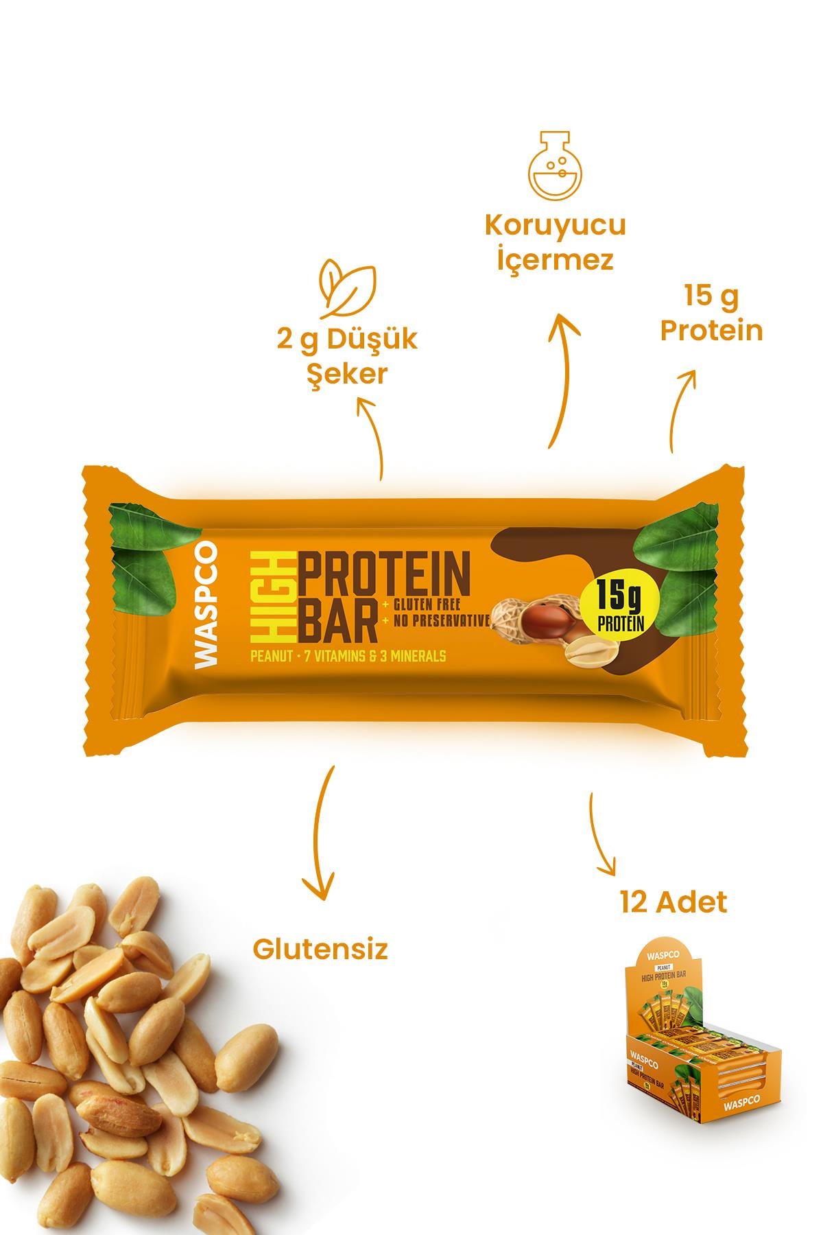 Yer Fıstıklı Ve Kakaolu Yüksek Protein Bar 50g x 12 Adet
