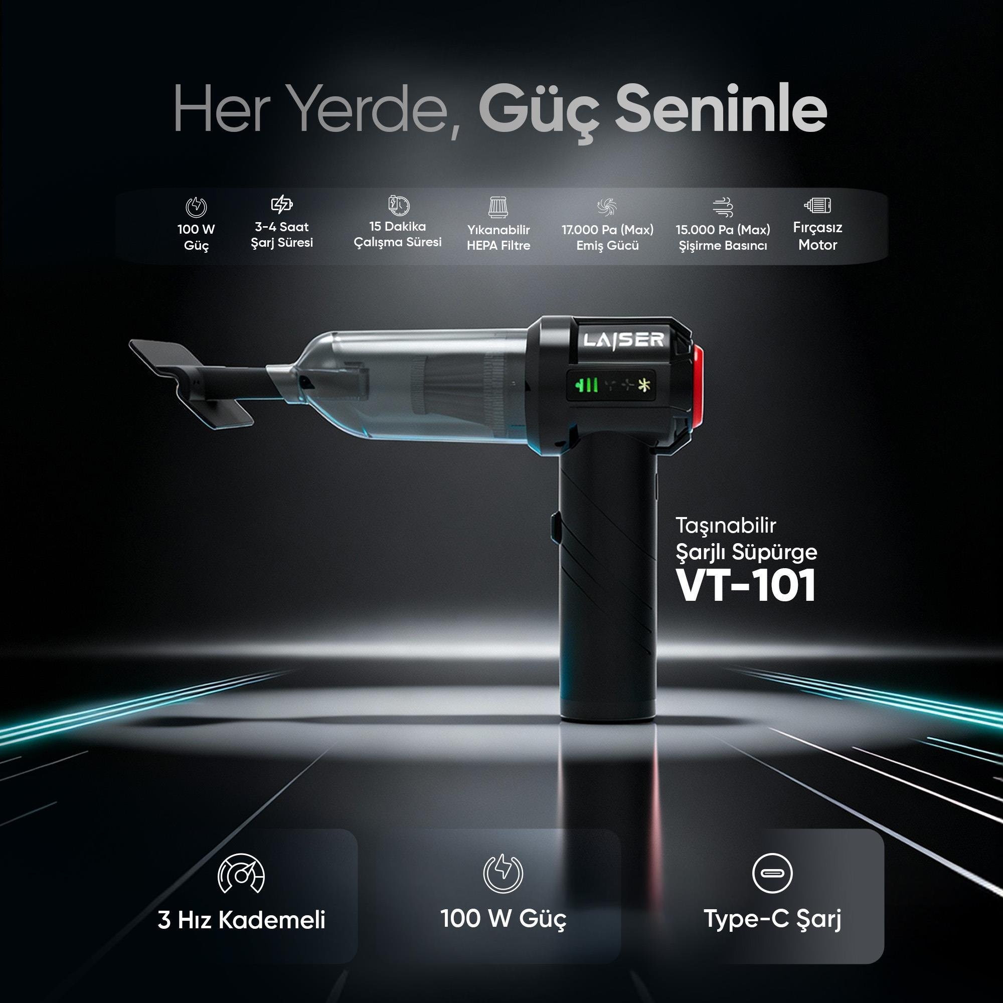  Laiser Mini, Katlanabilir LED Ekranlı 17.000 PA 3ın1 Çekme-Vakum-Üfleme Özellikli Şarjlı Araç Süpürgesi