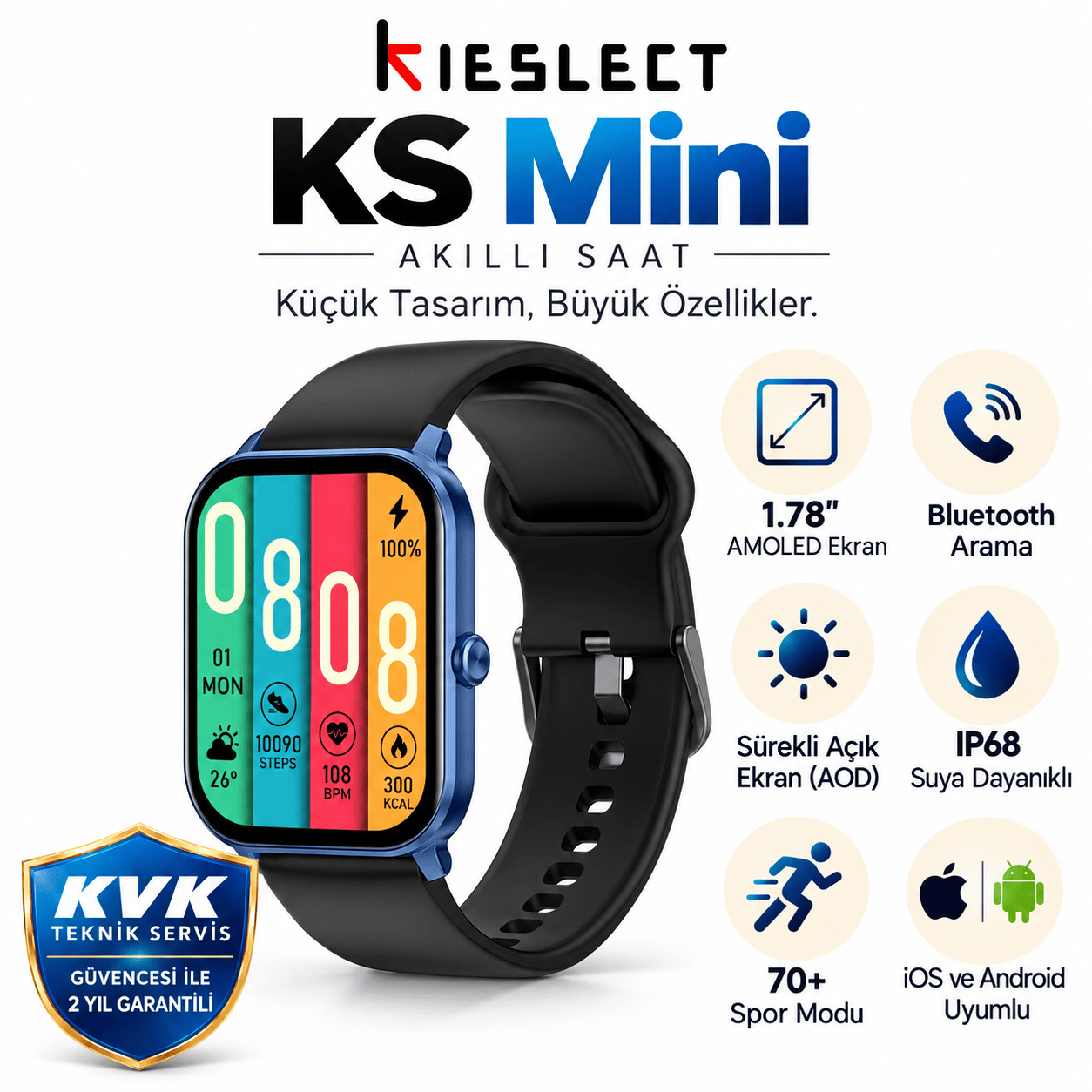 Kieslect Ks Mini Amoled Ekranlı Akıllı Saat Mavi
