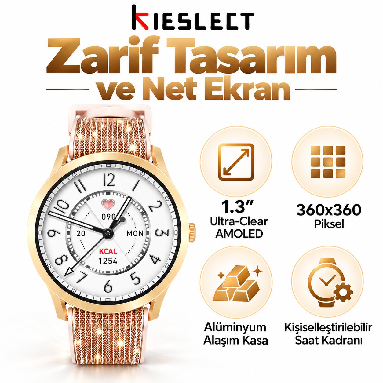 Kieslect Lora Gold Sesli Asistan ve Arama Özellikli Akıllı Saat