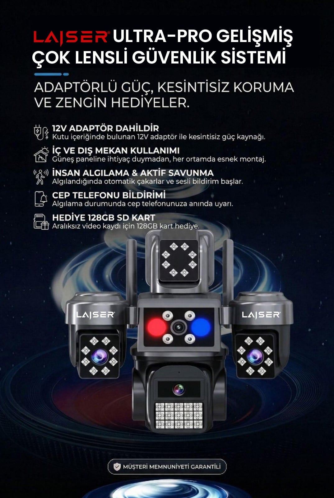 Laiser 4 Kameralı, 4G Sim Kartlı, Yıllık 180GB Turkcell İnternet ve 128GB SD Kart Dahil, Çakarlı, Sirenli 