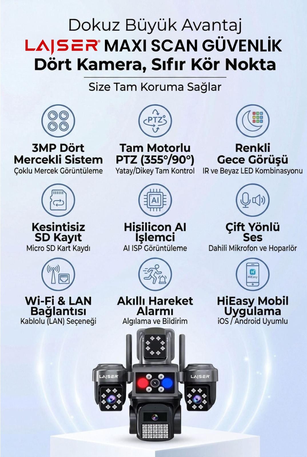 Laiser 4 Kameralı Wifi - MAXI Scan Pro - Çakarlı - 64 Kanal VMS Kablosuz Kamera
