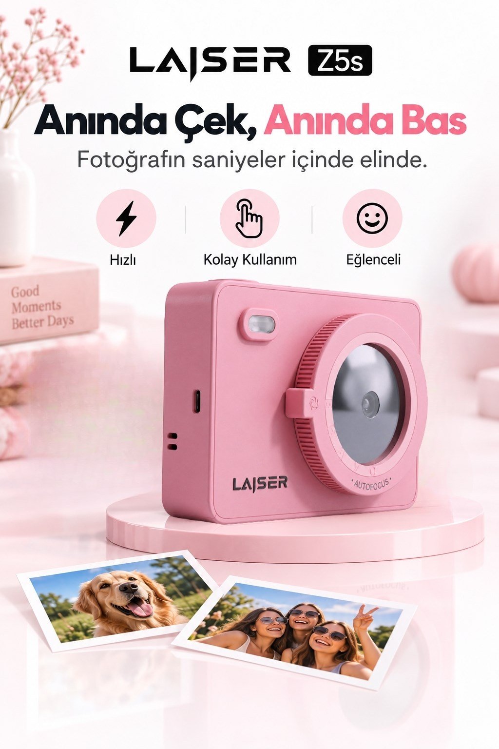 Laiser  Z5s İnstant Kamera ve Fotoğraf Yazıcısı - Şipşak Fotoğraf Makinesi -Pembe