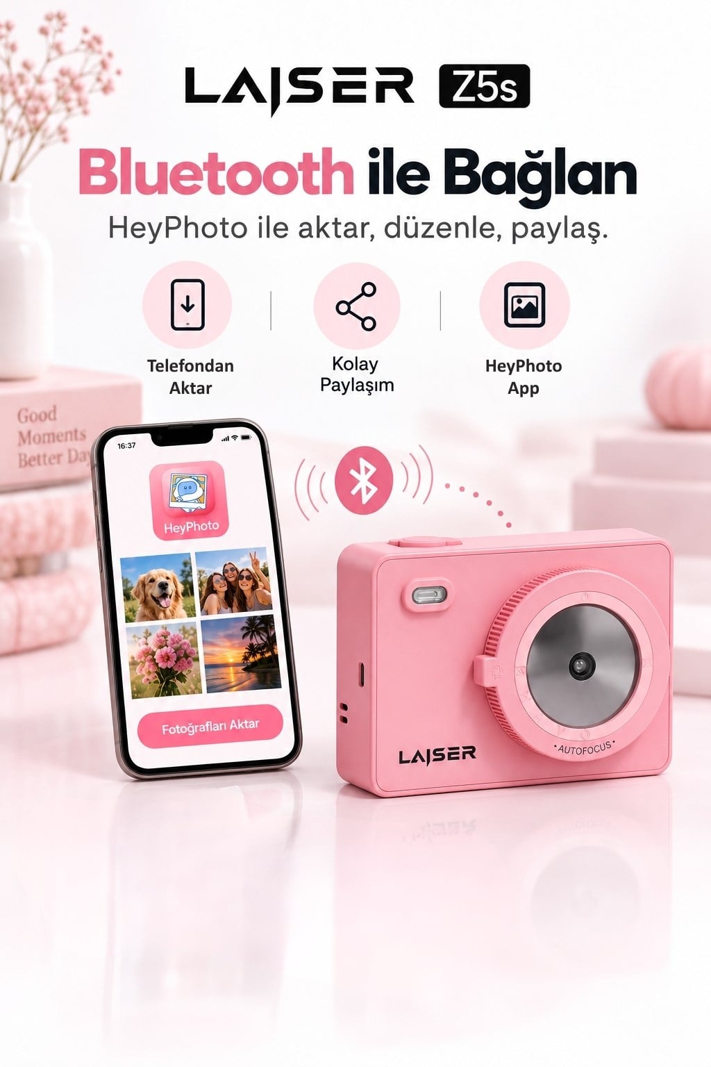 Laiser  Z5s İnstant Kamera ve Fotoğraf Yazıcısı - Şipşak Fotoğraf Makinesi -Pembe