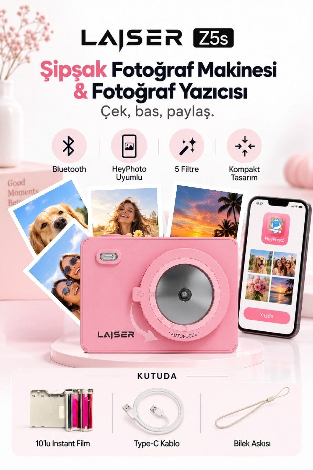 Laiser  Z5s İnstant Kamera ve Fotoğraf Yazıcısı - Şipşak Fotoğraf Makinesi -Pembe