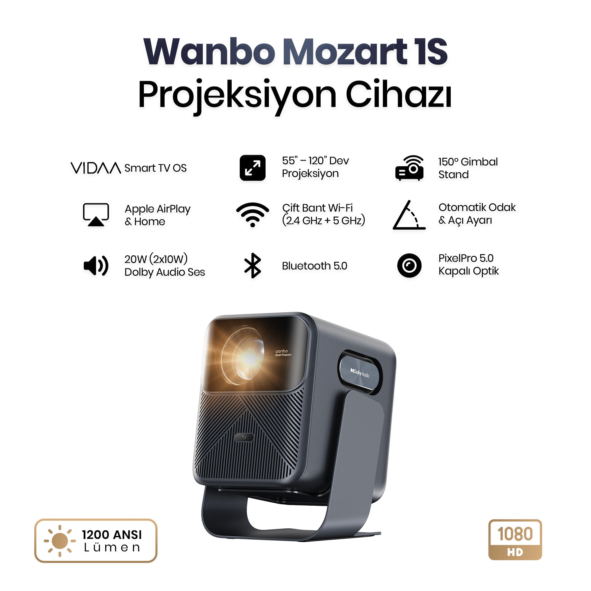 Wanbo Mozart 1S 1200 ANSI VIDAA Voice Full HD  Akıllı Projeksiyon Cihazı 4K Destekler Dahili Gimbal Stand