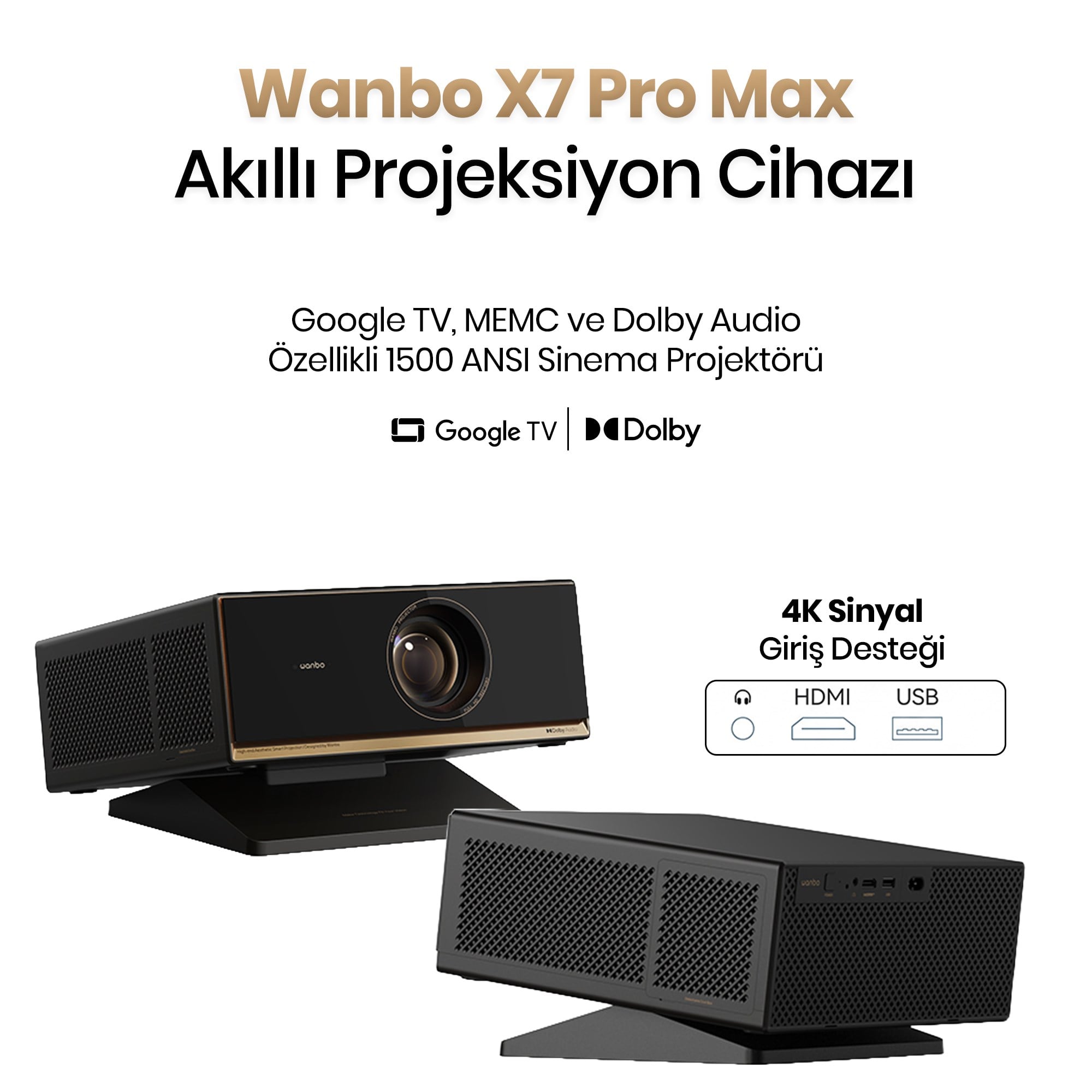Wanbo X7 Pro Max Google TV Akıllı Projeksiyon Cihazı – 1500 ANSI Lümen, Full HD, MEMC ve Dolby Audio