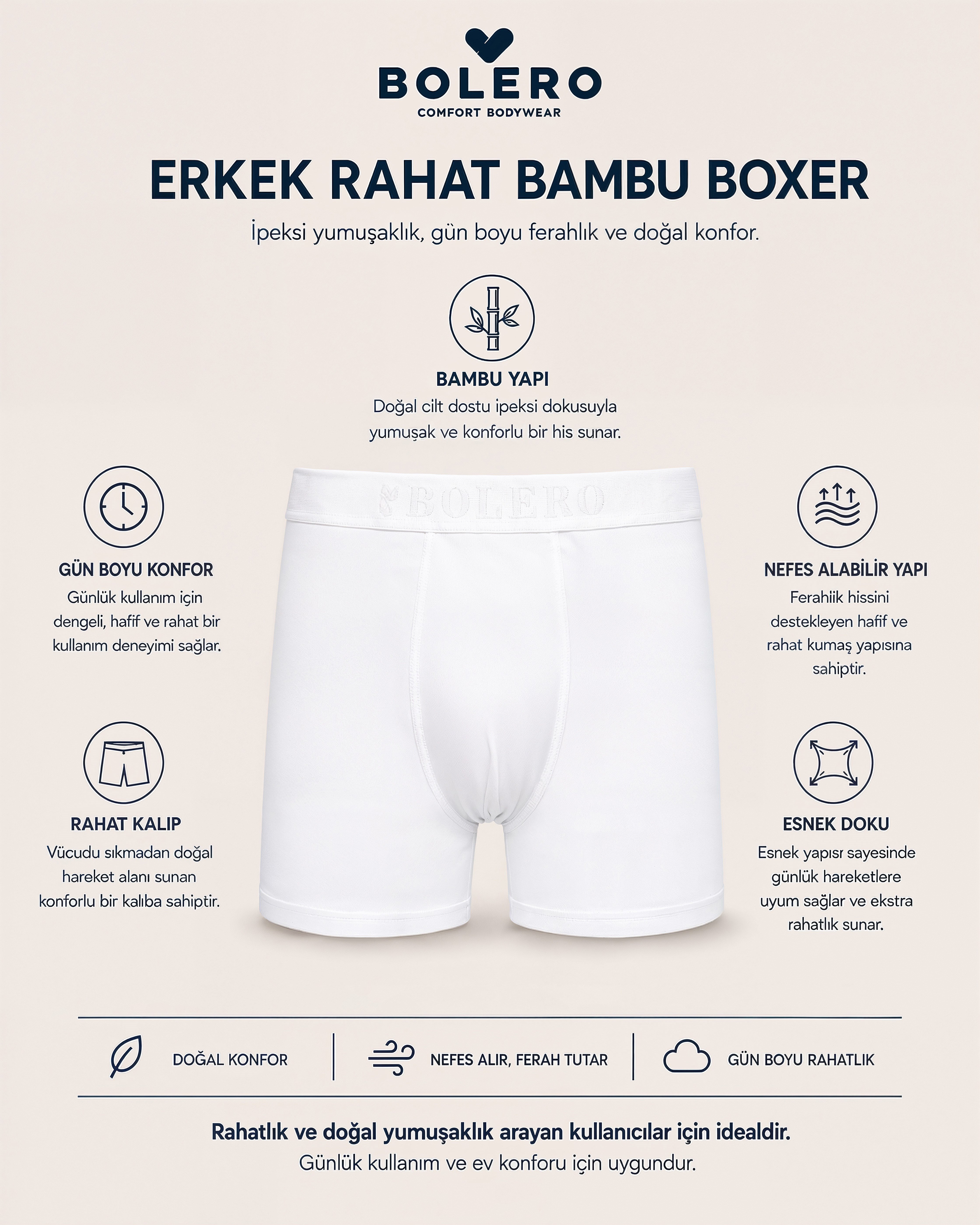  Erkek Bambu Boxer Beyaz 