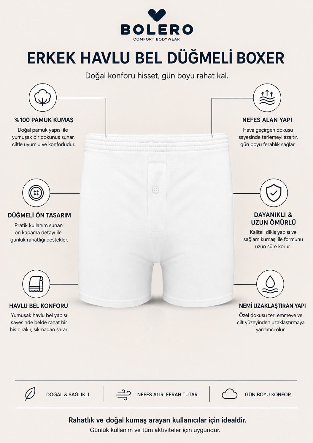 Erkek Havlu Bel Düğmeli Boxer Beyaz