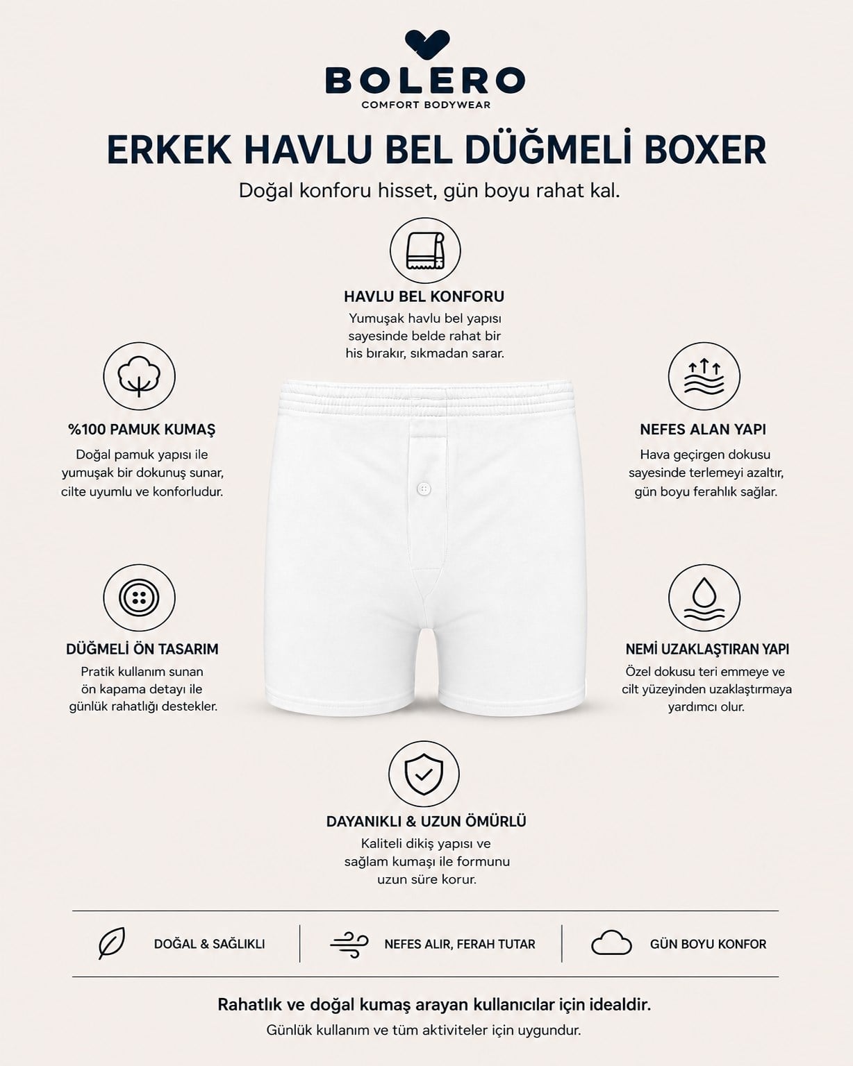 Erkek Havlu Bel Düğmeli Boxer Beyaz