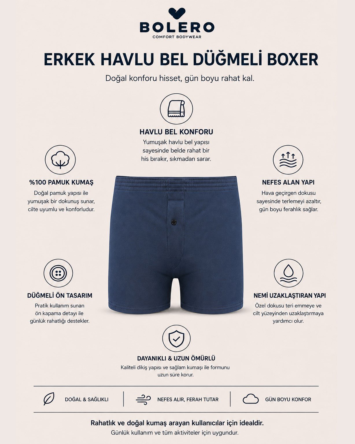 Erkek Havlu Bel Düğmeli Boxer Lacivert