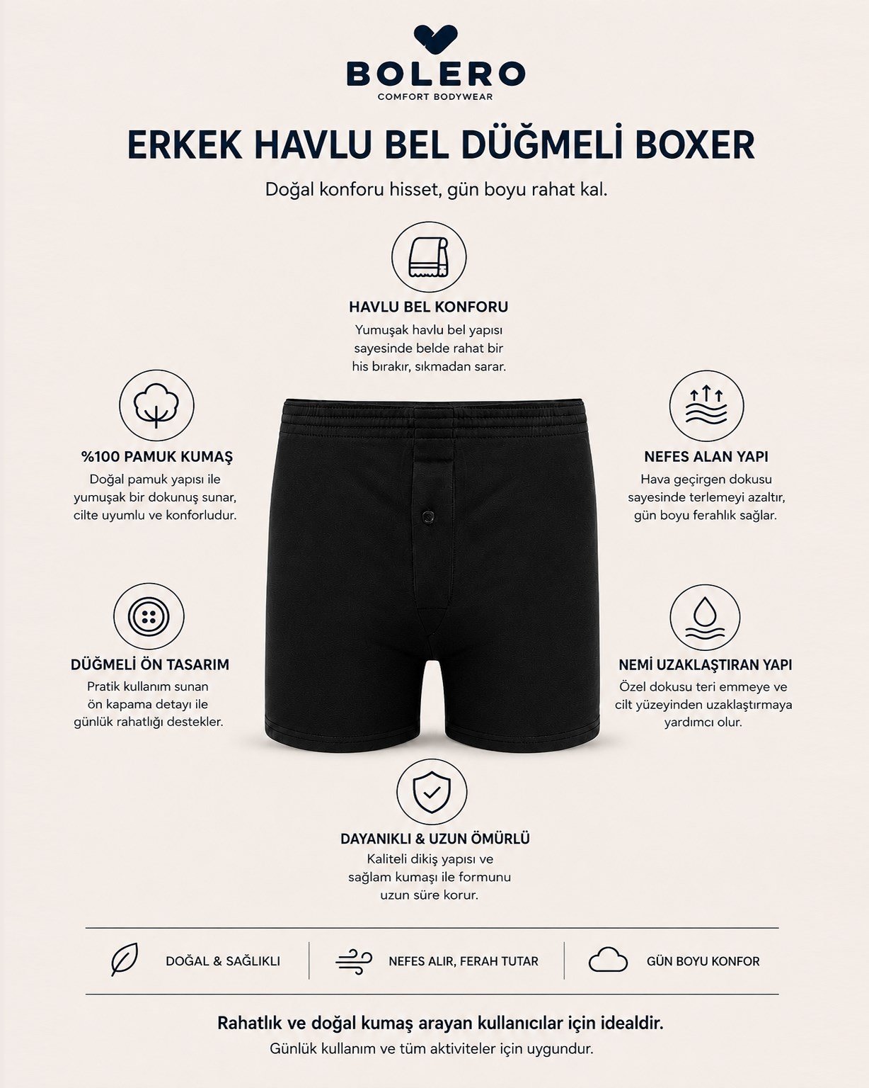 Erkek Havlu Bel Düğmeli Boxer Siyah
