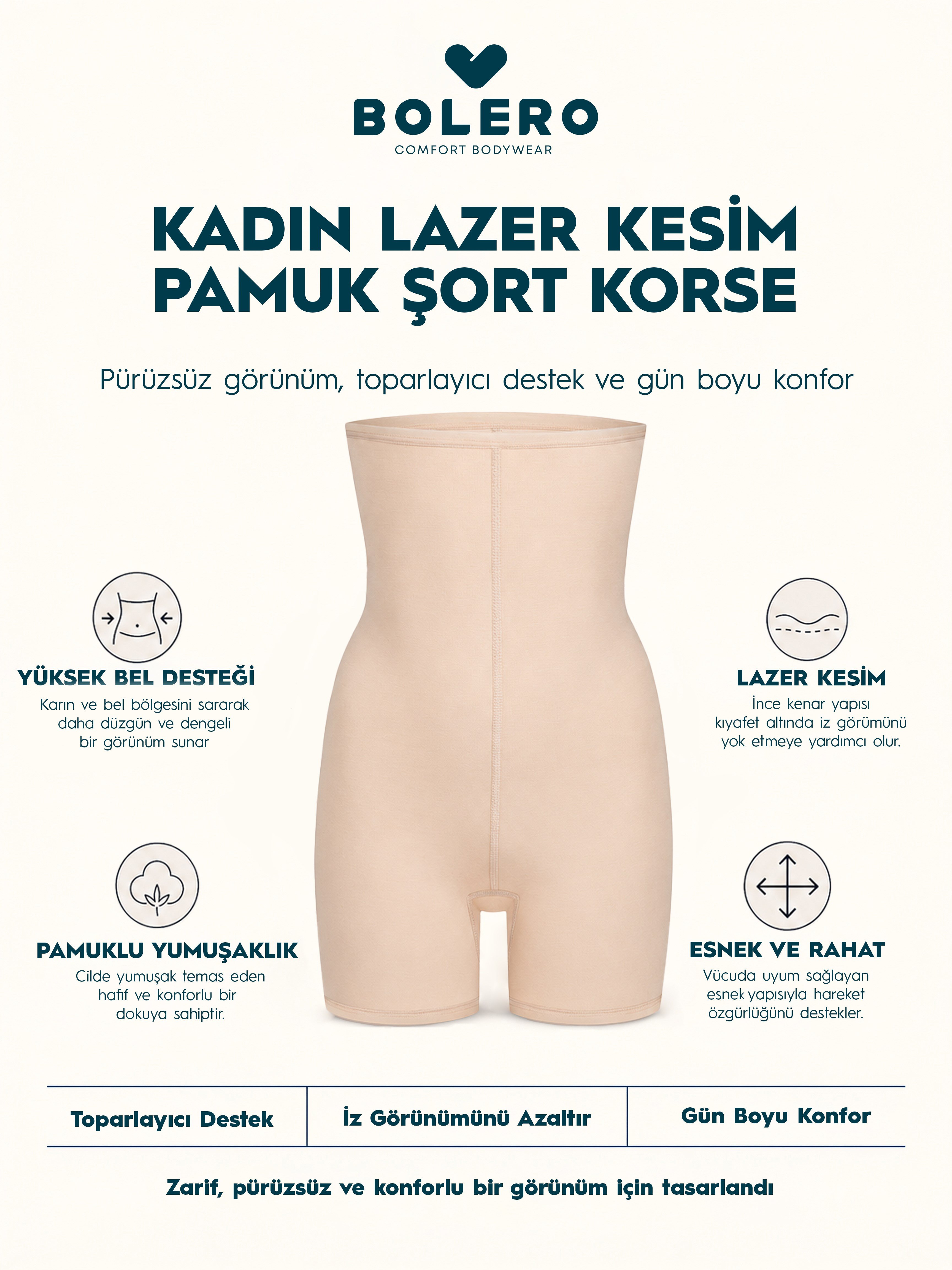 Kadın Lazer Kesim Pamuk Şort Korse Ten
