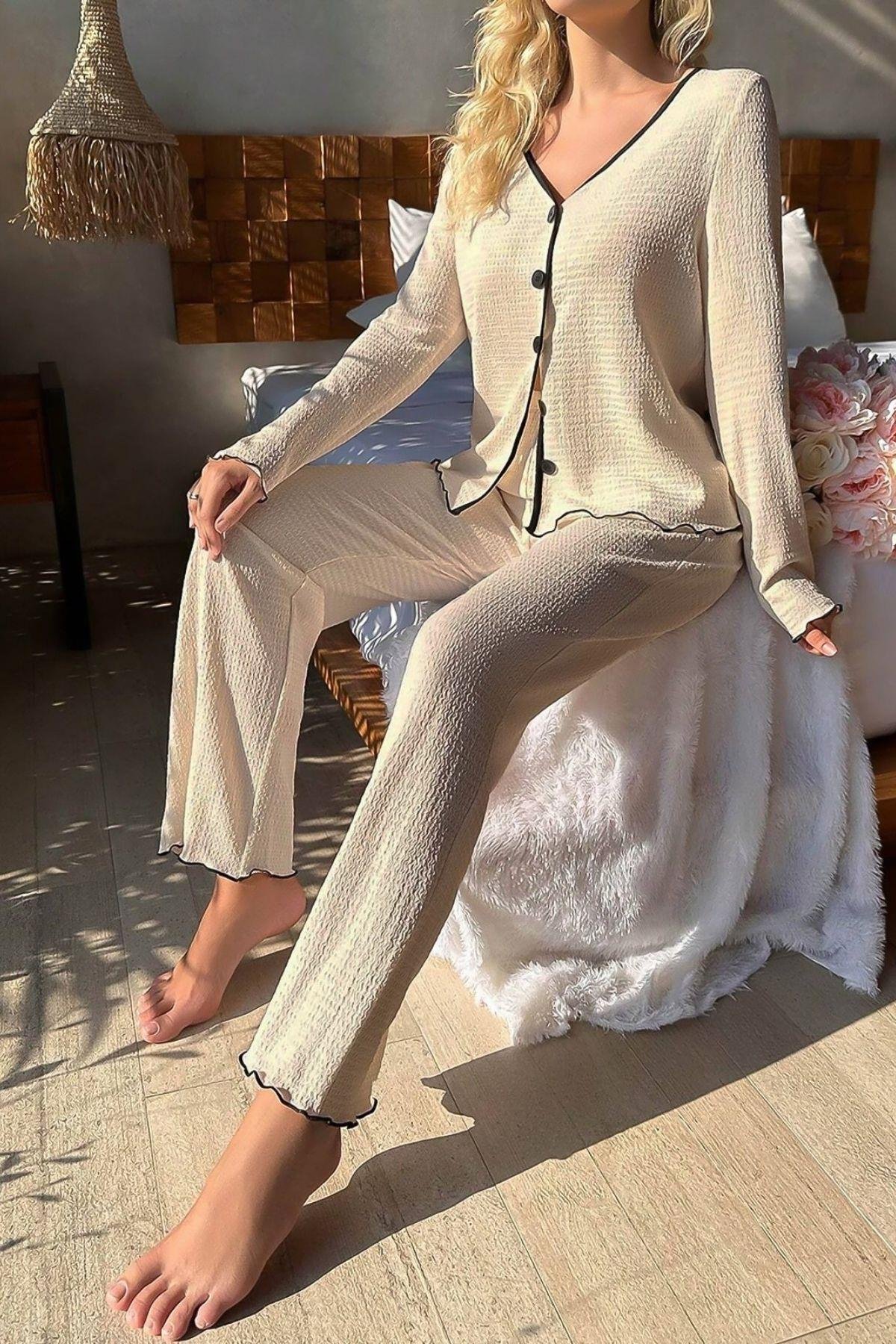Bella Notte Açık Bej Konforlu Ev Giyim Pijama Takımı 7050