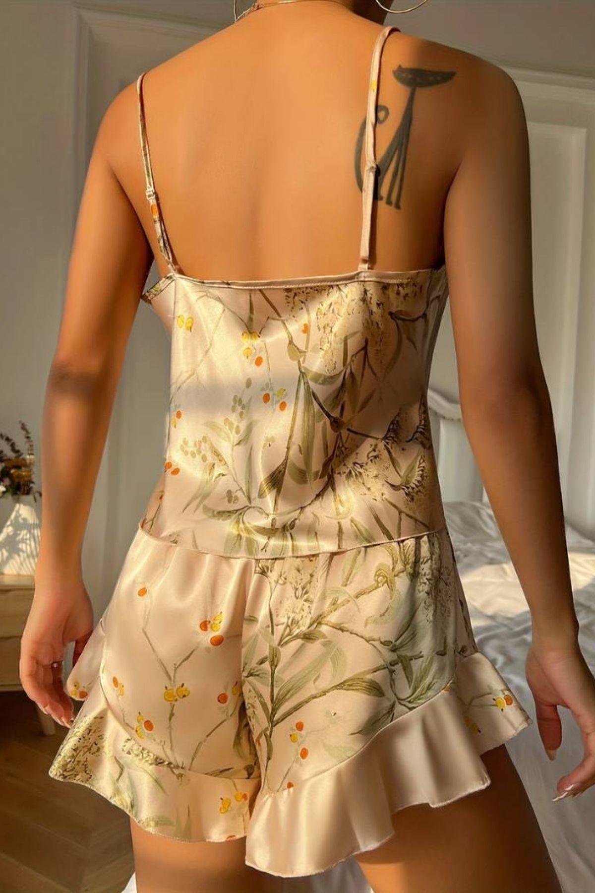 Bella Notte Bal Köpüğü Saten Çiçek Desenli Şort Takım S-7518