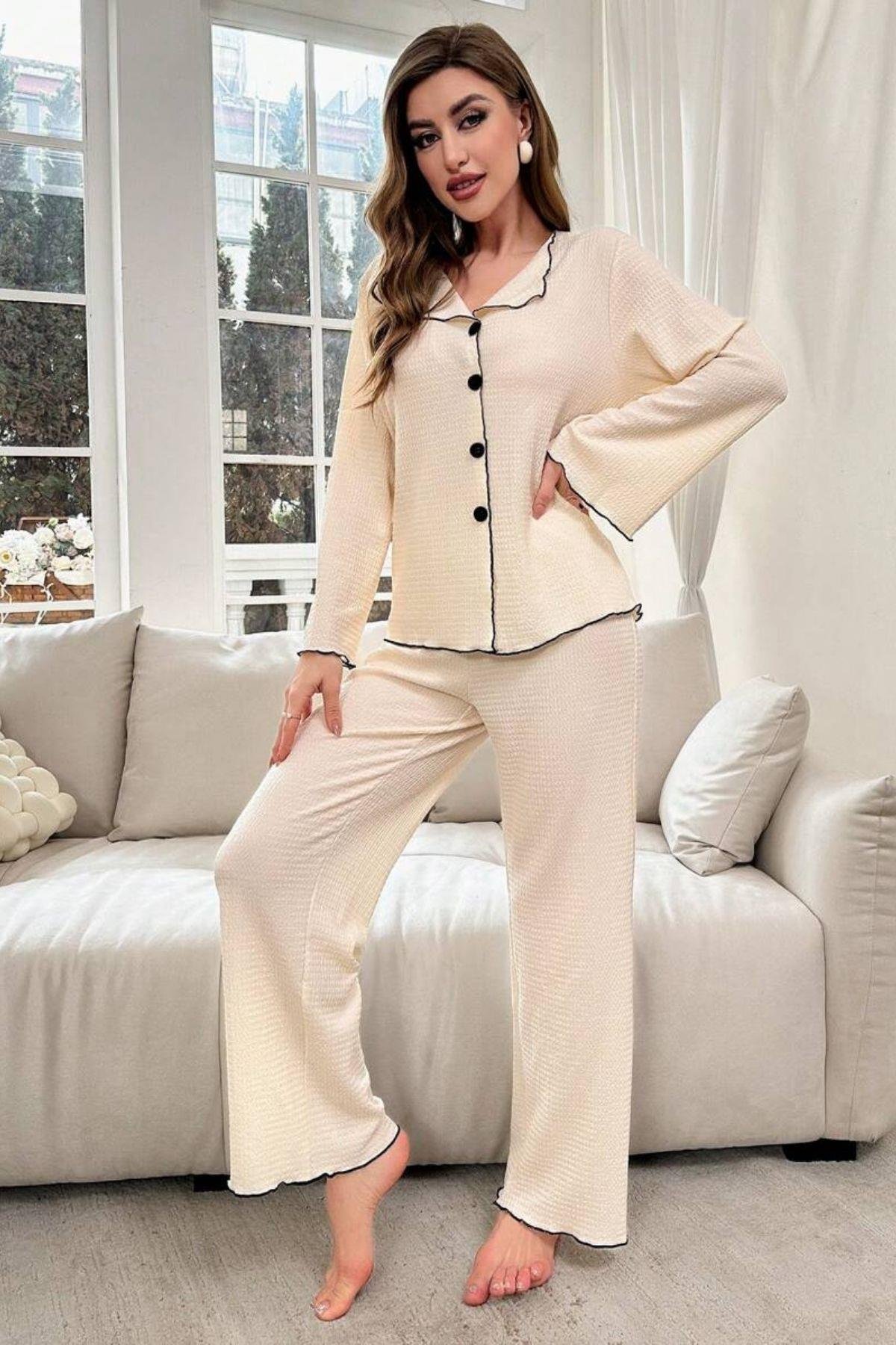 Bella Notte Bej Konforlu Siyah Biyeli Pijama Takımı 77001