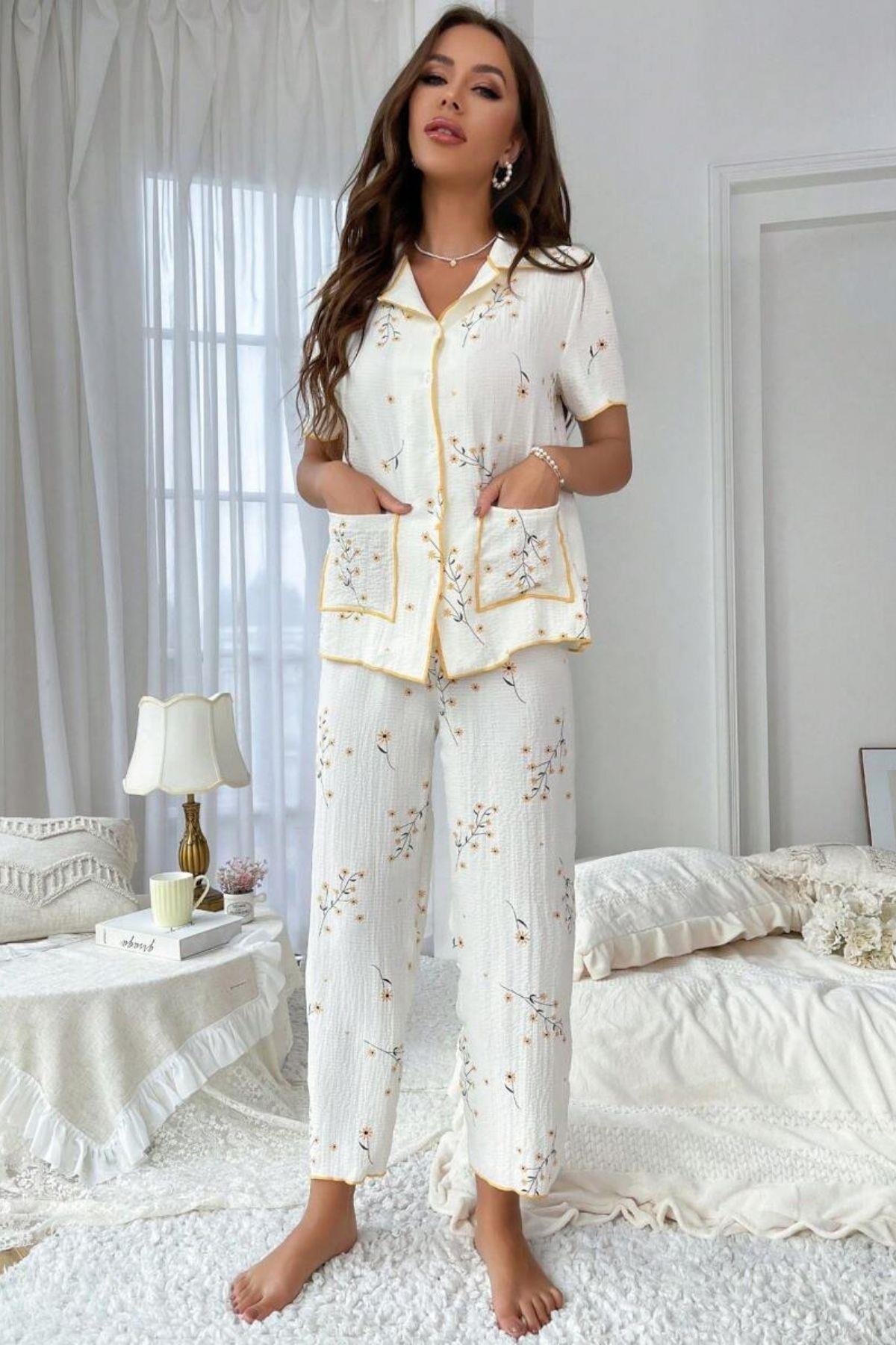 Bella Notte Beyaz Bahar Papatya Desenli Cep Detaylı Pijama Takımı 7019